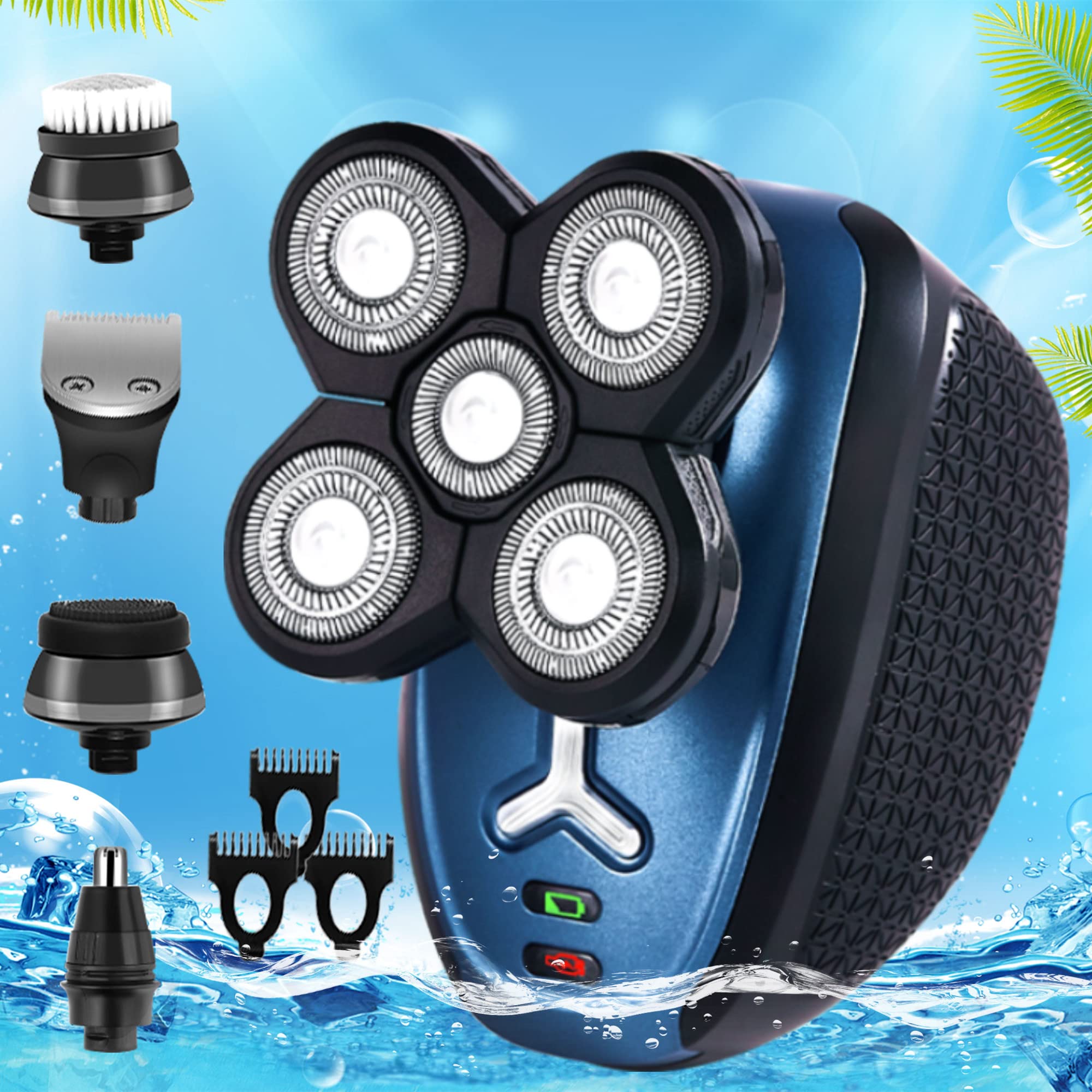 5-in-1 Electric Head Shaver for Bald Men - Cordless, Waterproof Wet/Dry Rotary Razor for Head & Face Shaving - USB Rechargeable - Perfect for Travel, Gym & Daily Grooming Routine
