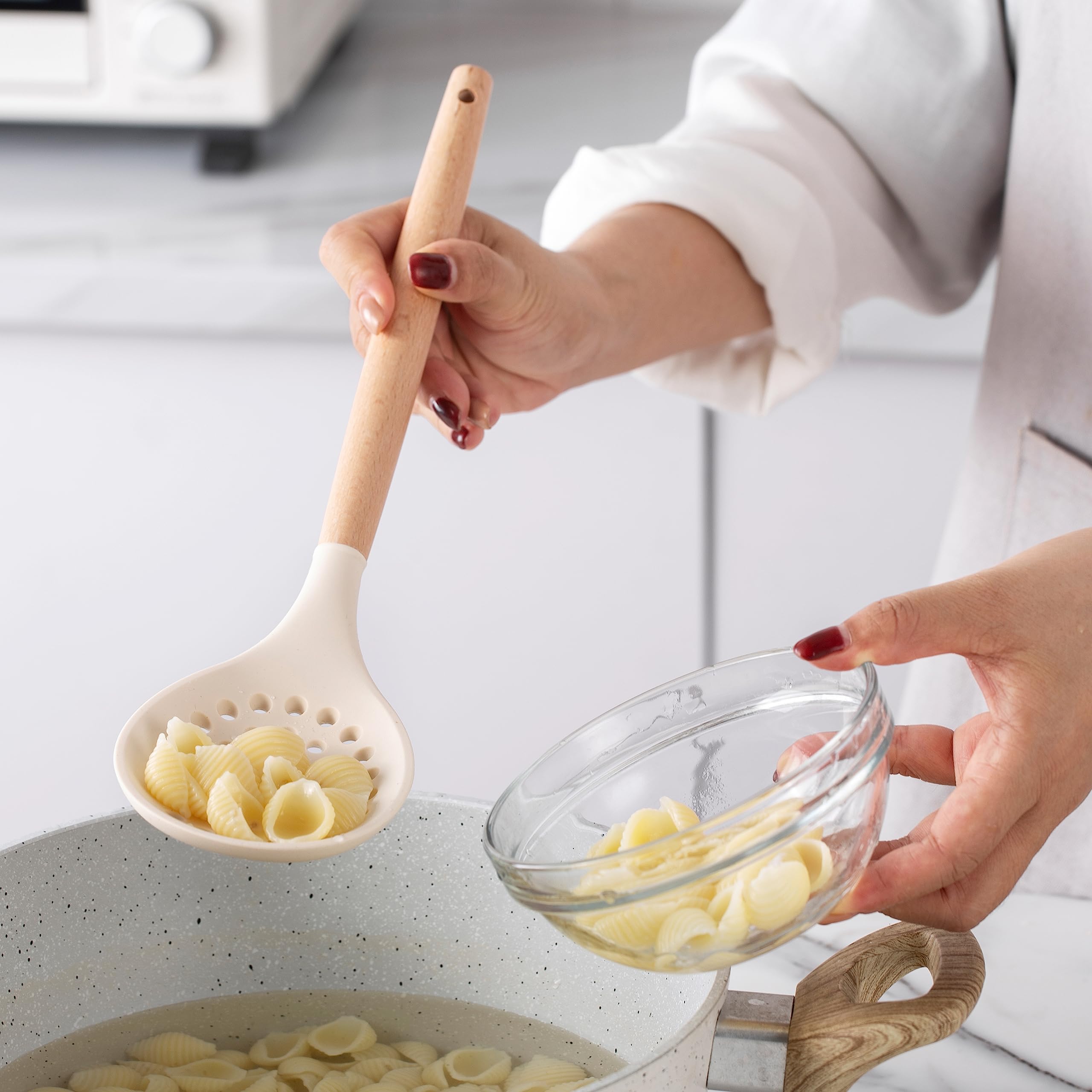 Non-Stick Silicone Cooking Utensil Set with Wood Handles - 14-Piece Kitchen Tool Set for Baking, Frying & Stirring - Country Kitchen Style in Khaki - Perfect for Everyday Cooking & Gift Giving