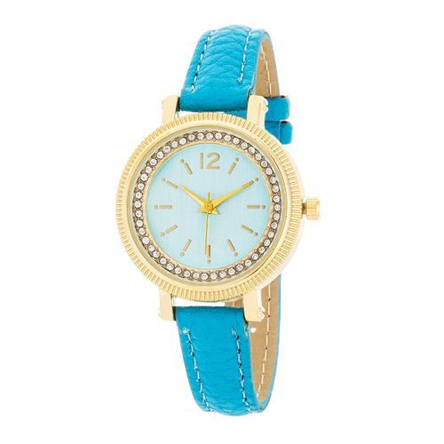 Georgia Gold Crystal Watch with Turquoise Leather Strap - Elegant Women's Fashion Watch for Daily Wear, Office & Special Occasions