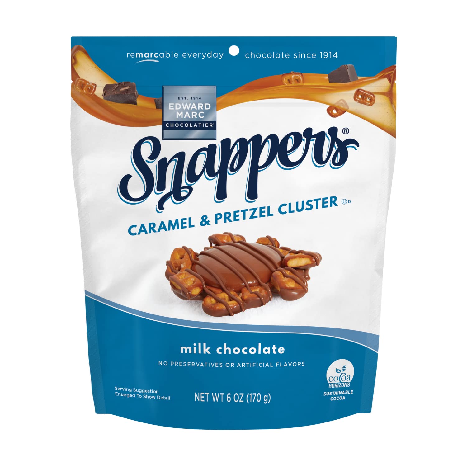 Edward Marc Snappers Sweet Caramel & Pretzels Cluster - Crunchy Milk Chocolate Covered Pretzel Snacks for Adults & Kids - 6 oz Pack - Perfect for Parties, Gifts & Office Treats