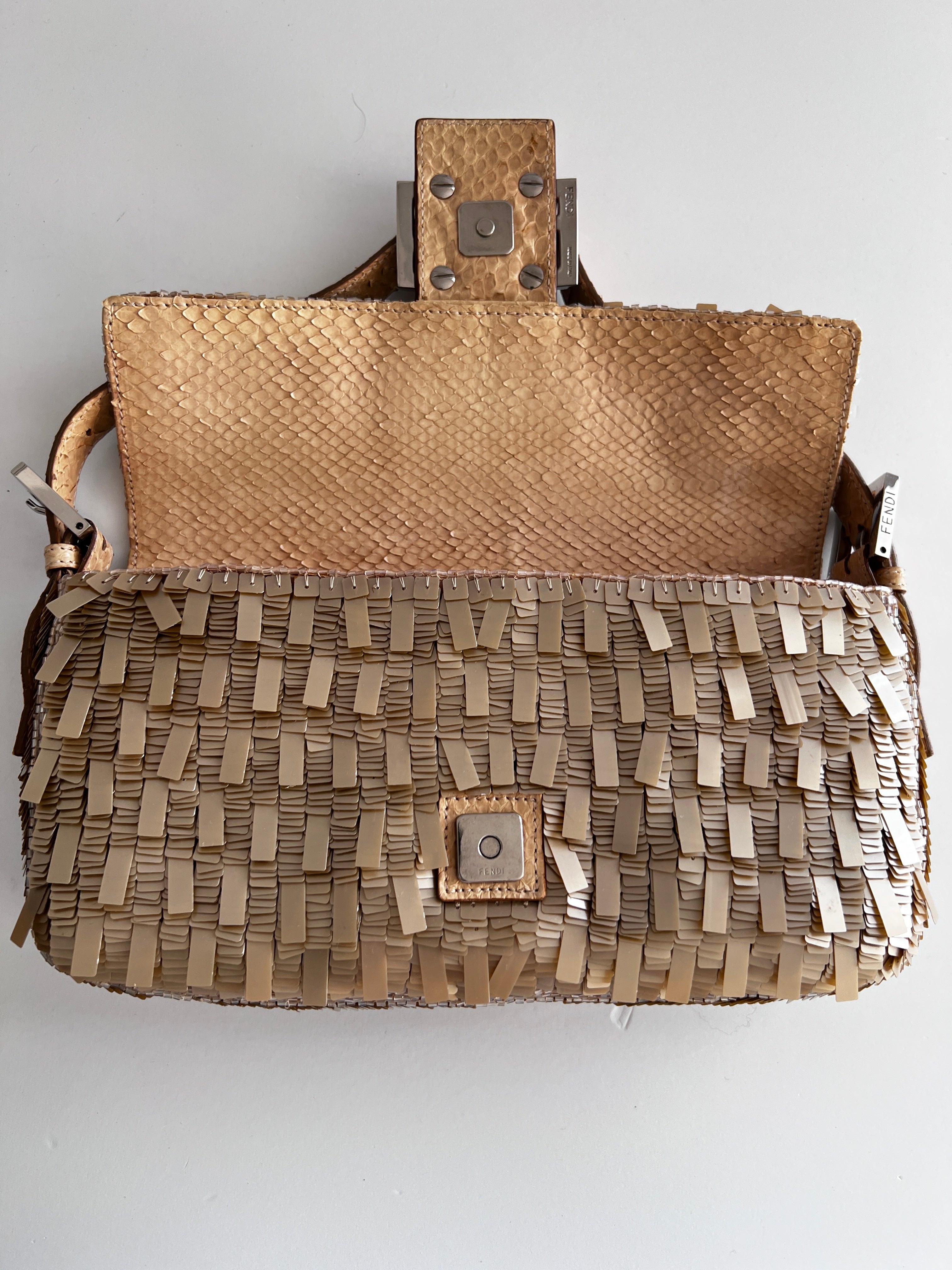 Fendi Champagne Sequin Baguette Bag - Luxury Evening Clutch for Women, Perfect for Parties, Weddings & Special Occasions