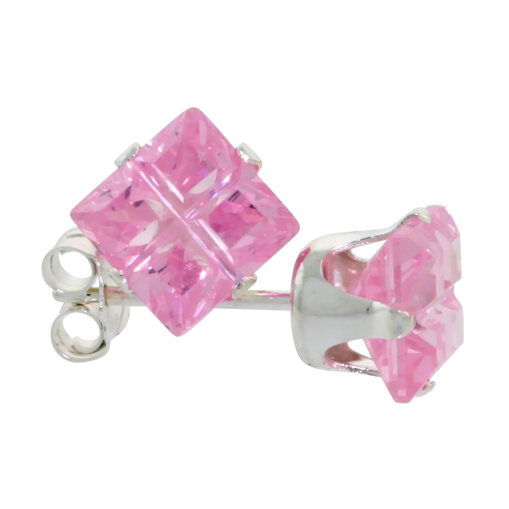 Sterling Silver Cubic Zirconia Invisible Cut Square Pink Stud Earrings 4 Carat/Pair - Elegant Jewelry for Women, Perfect Gift for Birthday, Anniversary & Special Occasions