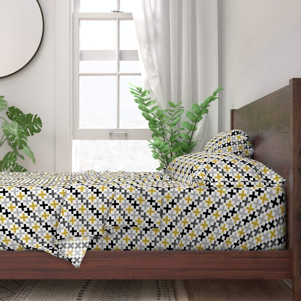 100% Cotton Queen Size 4-Piece Sheet Set by Spoonflower - Light Grey, Mustard, Charcoal & Black Swiss Cross Print | Gender Neutral Nursery Bedding for Baby Rooms | Soft, Breathable & Customizable