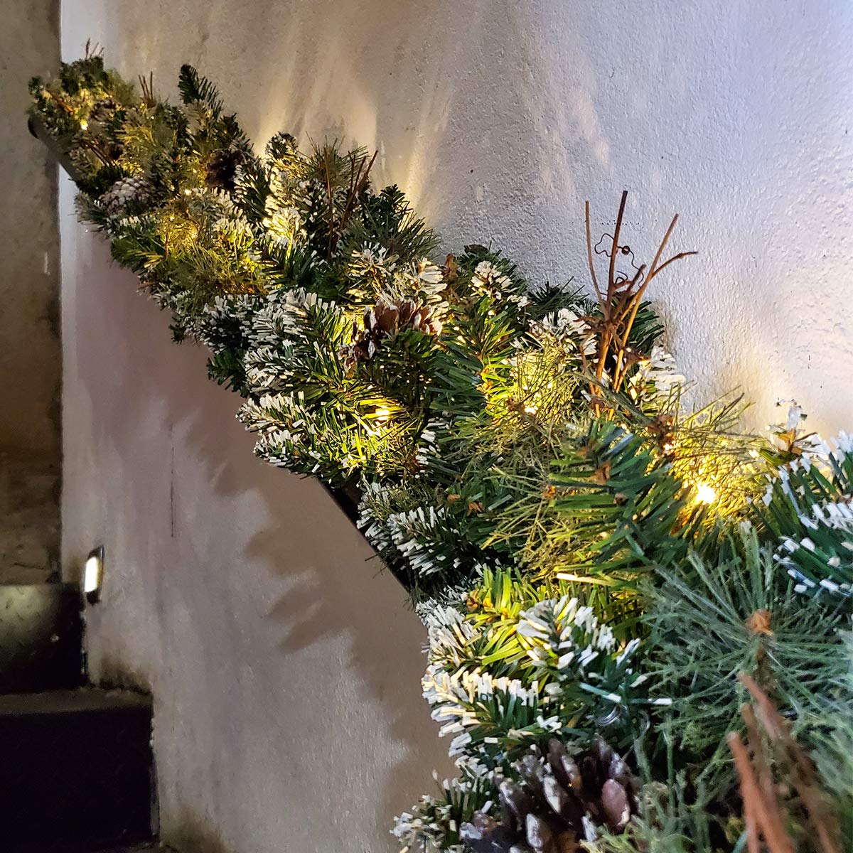 9 FT Prelit Christmas Garland with Pine Cones - Artificial Snowy Pine Garland with 50 LED Warm White Battery Operated Lights & Timer - Indoor Outdoor Holiday Decor for Fireplace, Mantel, Staircase & Doorway