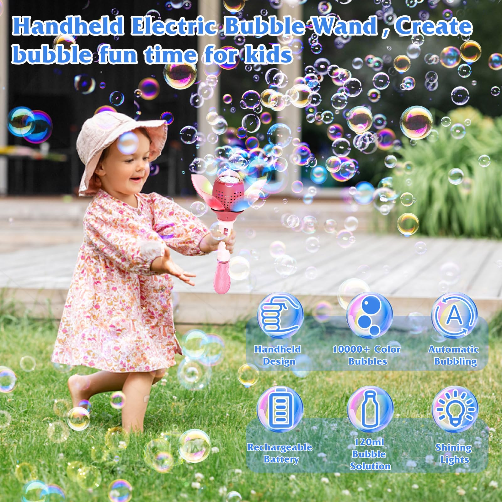Rechargeable Electric Bubble Wand for Kids - Automatic Bubble Blower Machine with LED Lights, 120ml Bubble Solution (10,000+ Bubbles) | Perfect for Outdoor Parties, Weddings, Birthday Celebrations & Backyard Fun
