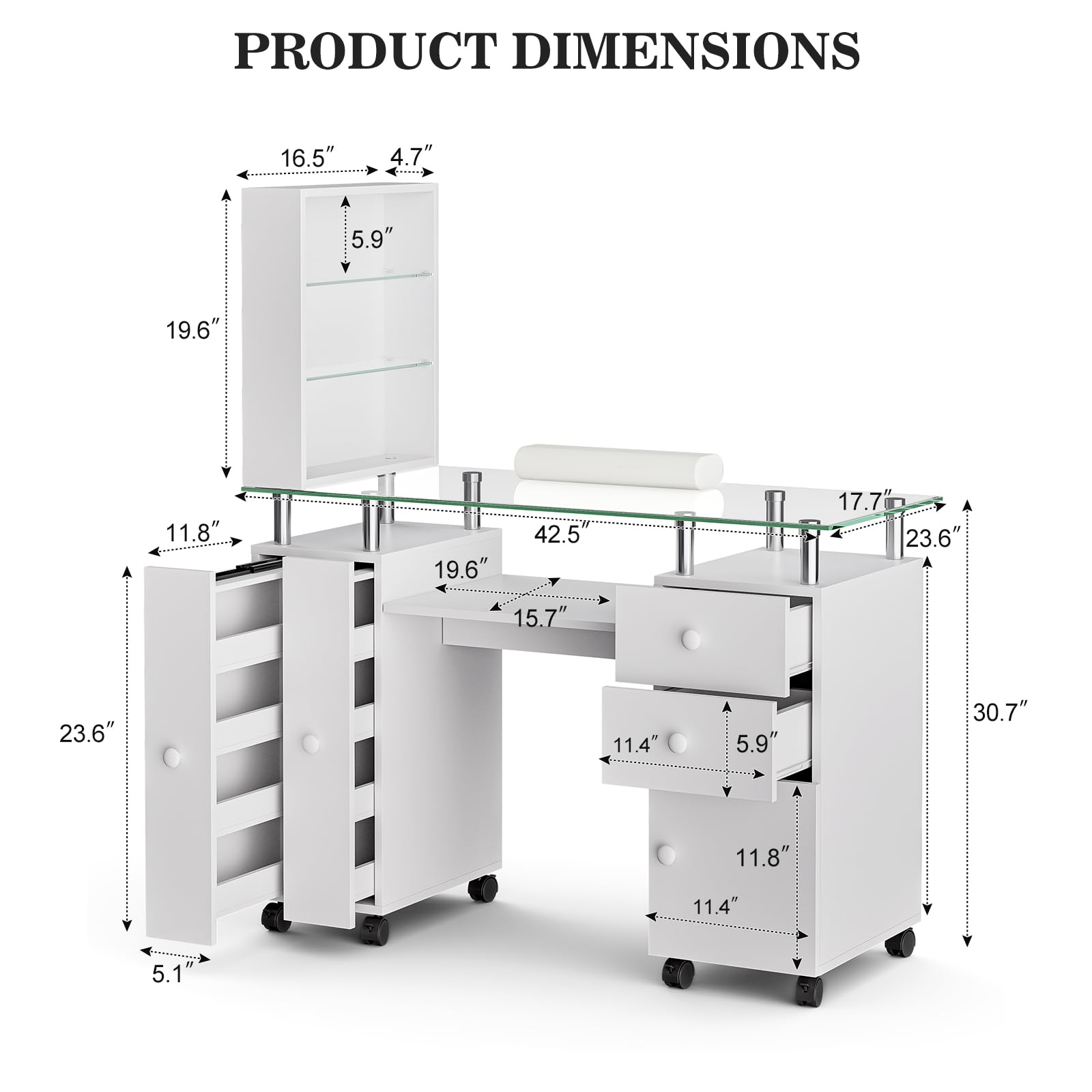 Premium Glass Top Nail Tech Table with Storage Drawers & Lockable Wheels - Professional Manicure Station with Wrist Cushion, Shelves & Ceramic Handles (White) - Perfect for Salon, Spa & Home Nail Care Business