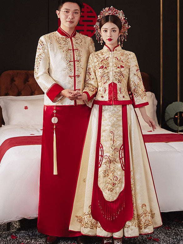 Beaded Champagne Groom Wedding Qipao Jacket & Skirt Set - Elegant Traditional Chinese Bridal Outfit for Wedding Ceremony, Reception & Photoshoot
