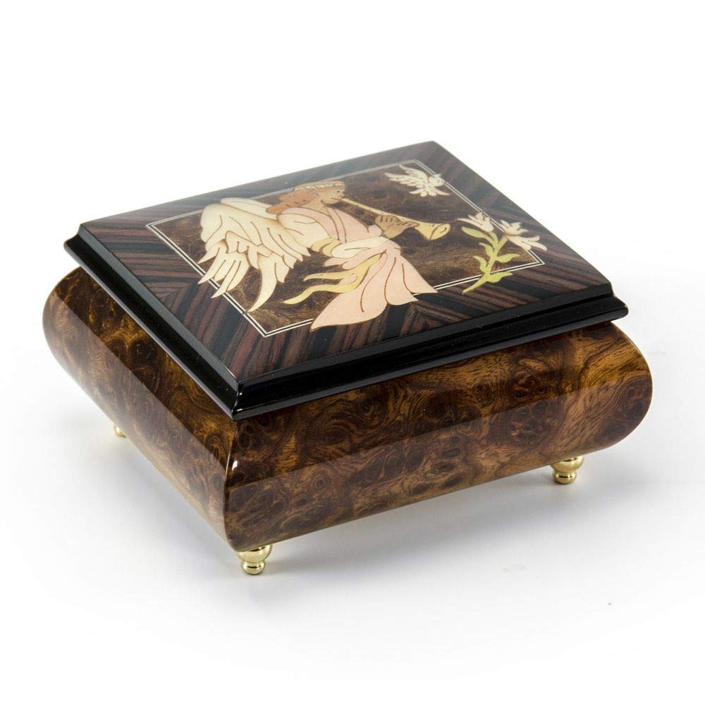 MusicBoxAttic Angel Playing Horn/Duduk Wood Inlay Music Box - Customizable Song Selection (Includes Can't Take My Eyes Off You) - Perfect for Weddings, Anniversaries & Gift Giving