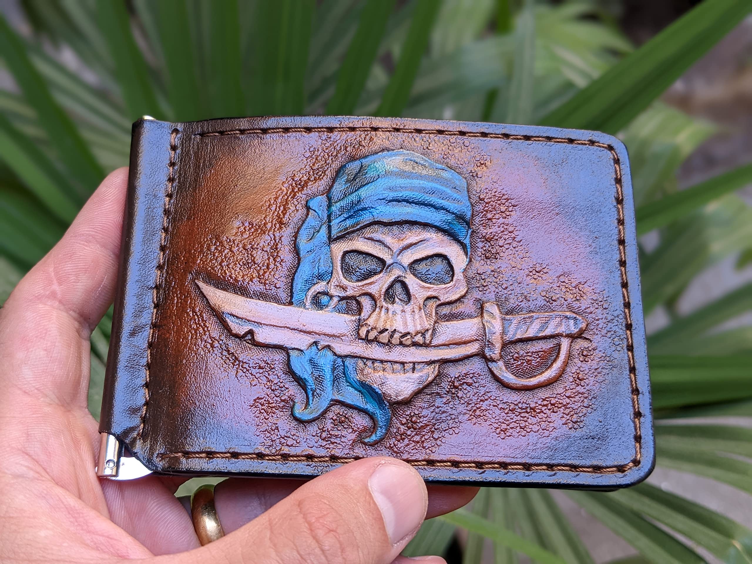 Handmade 3D Genuine Leather Pirate Sword & Skull Wallet for Men - Caribbean Themed Money Clip with Airbrush Art - Custom Personalized Carved & Tooled Leather Bifold Wallet - Perfect for Gifts, Collectors & Pirate Enthusiasts