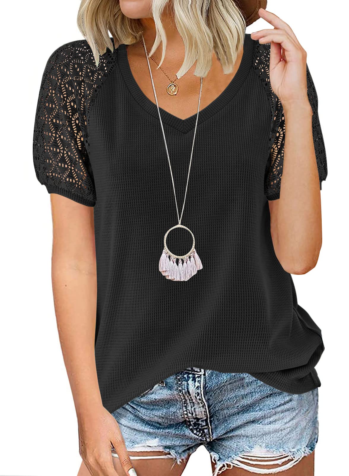 SYZRI Women's V Neck Lace Short Sleeve Blouse - Waffle Knit Casual Loose Fit T-Shirt Top for Everyday Wear, Work & Date Nights