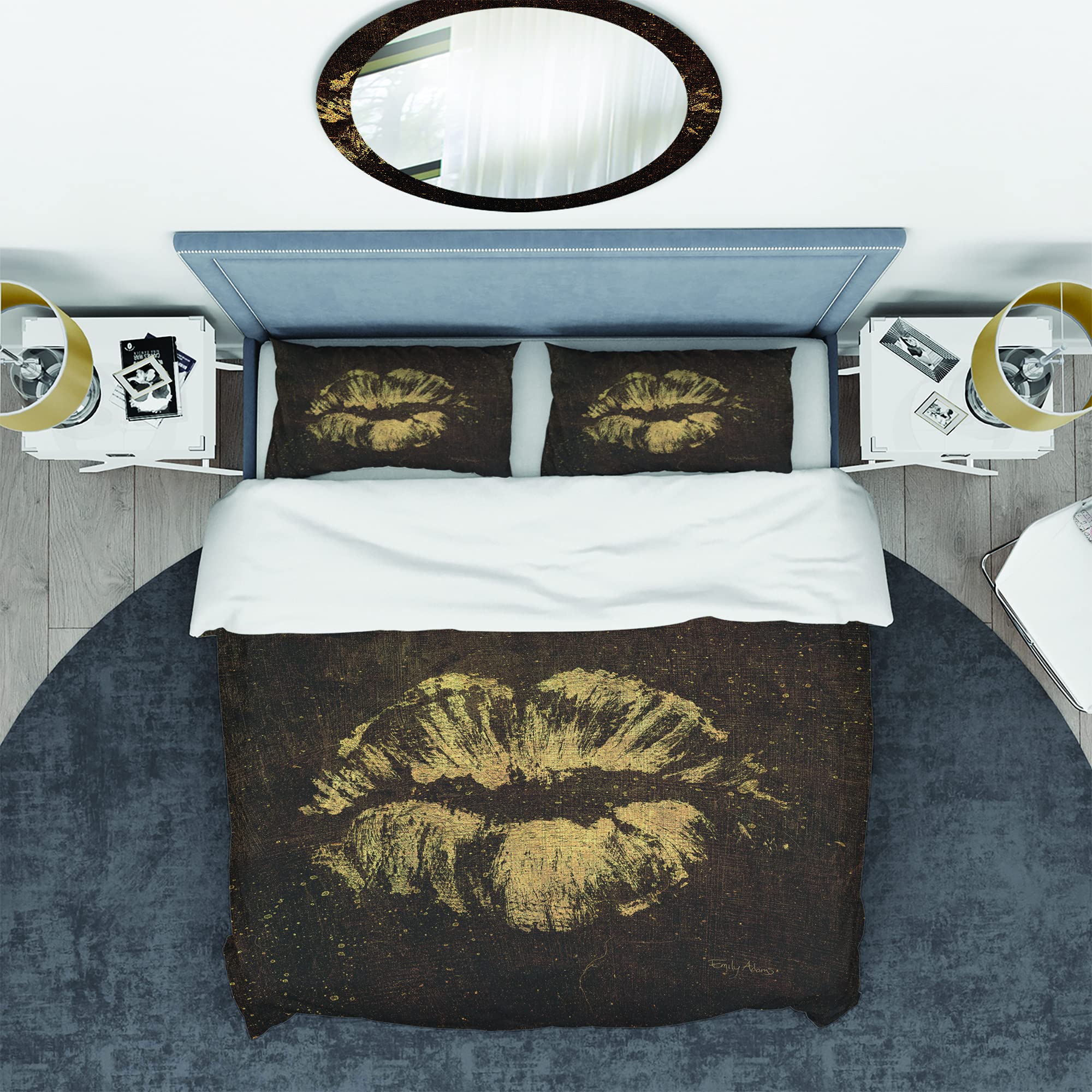 DesignQ Gold Lips Traditional Duvet Cover Set - King Size Luxury Bedding 3-Piece Collection for All Seasons | Perfect for Master Bedroom, Guest Room & Home Decor