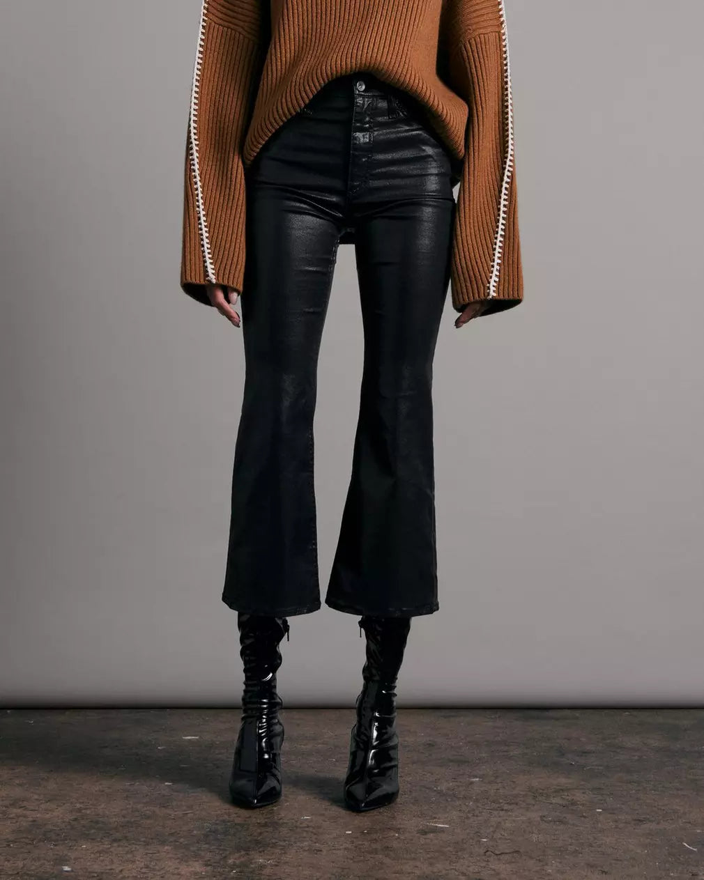 Casey Coated High Rise Ankle Flare Jeans - Black Faux Leather Pants for Women | Chic Office Wear & Night Out Outfits