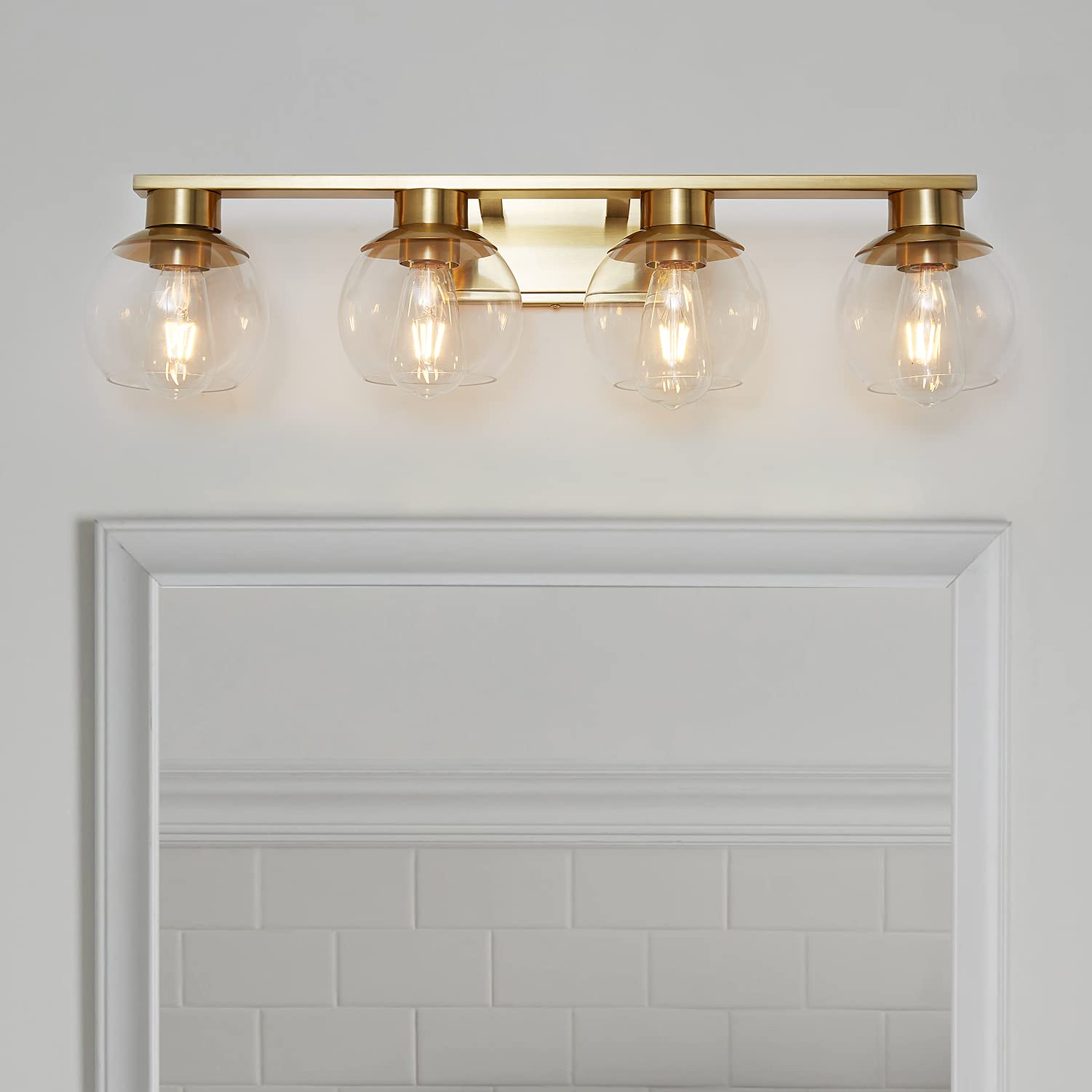 PAZALA Brushed Brass Bathroom Light Fixture - 4-Light Vanity Wall Sconce with Globe Glass Shade, E26 Base - Modern Over Mirror Lighting for Bathroom, Bedroom & Hallway - Dimmable Vanity Lights for Makeup, Shaving & Ambient Lighting