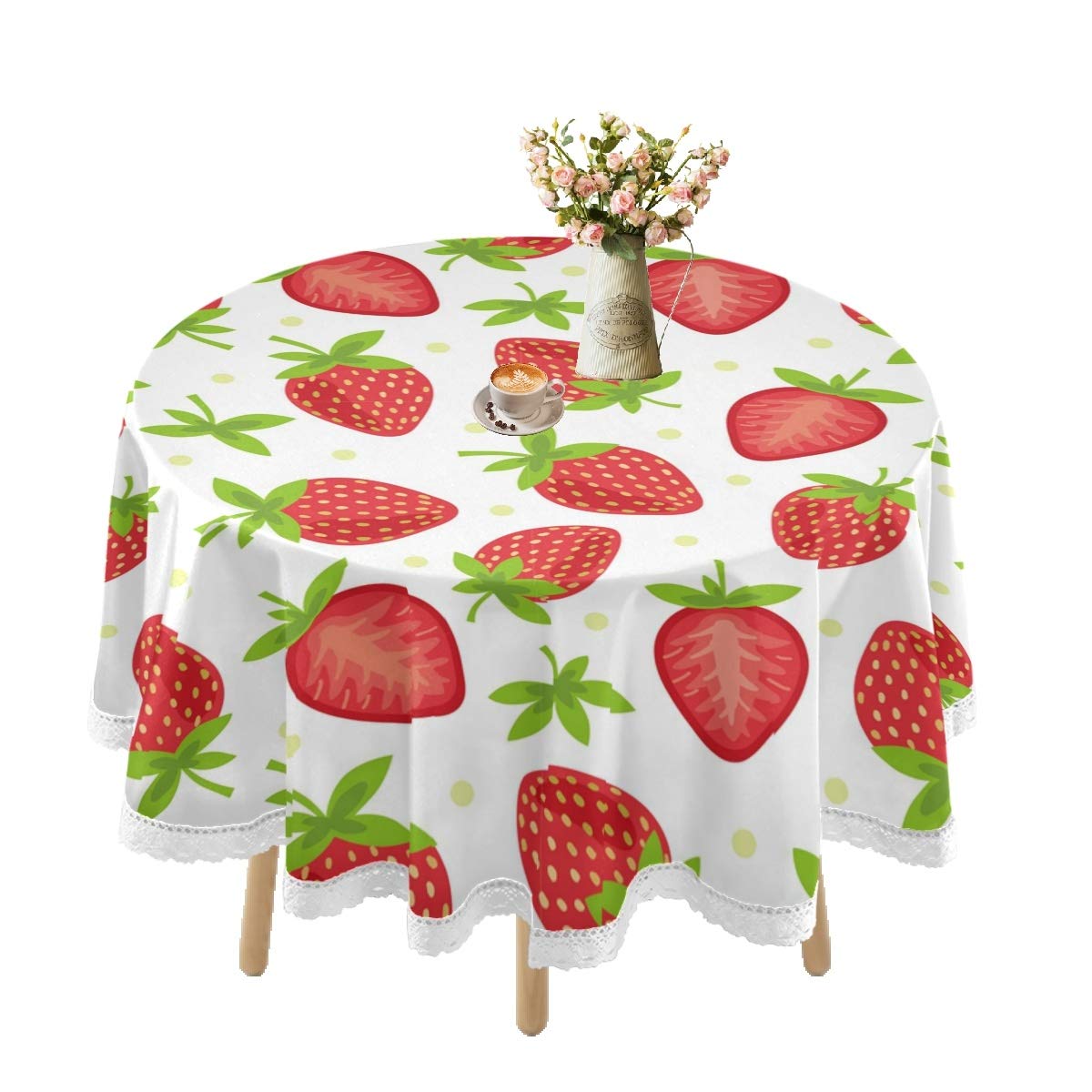 Waterproof Round Tablecloth - 60 Inch Strawberry Lace Table Cover for Outdoor Dining, Holiday Parties, Picnics & Kitchen Decor | Spillproof & Washable | Perfect for Birthday Celebrations, Garden Tea Parties & Restaurant Use