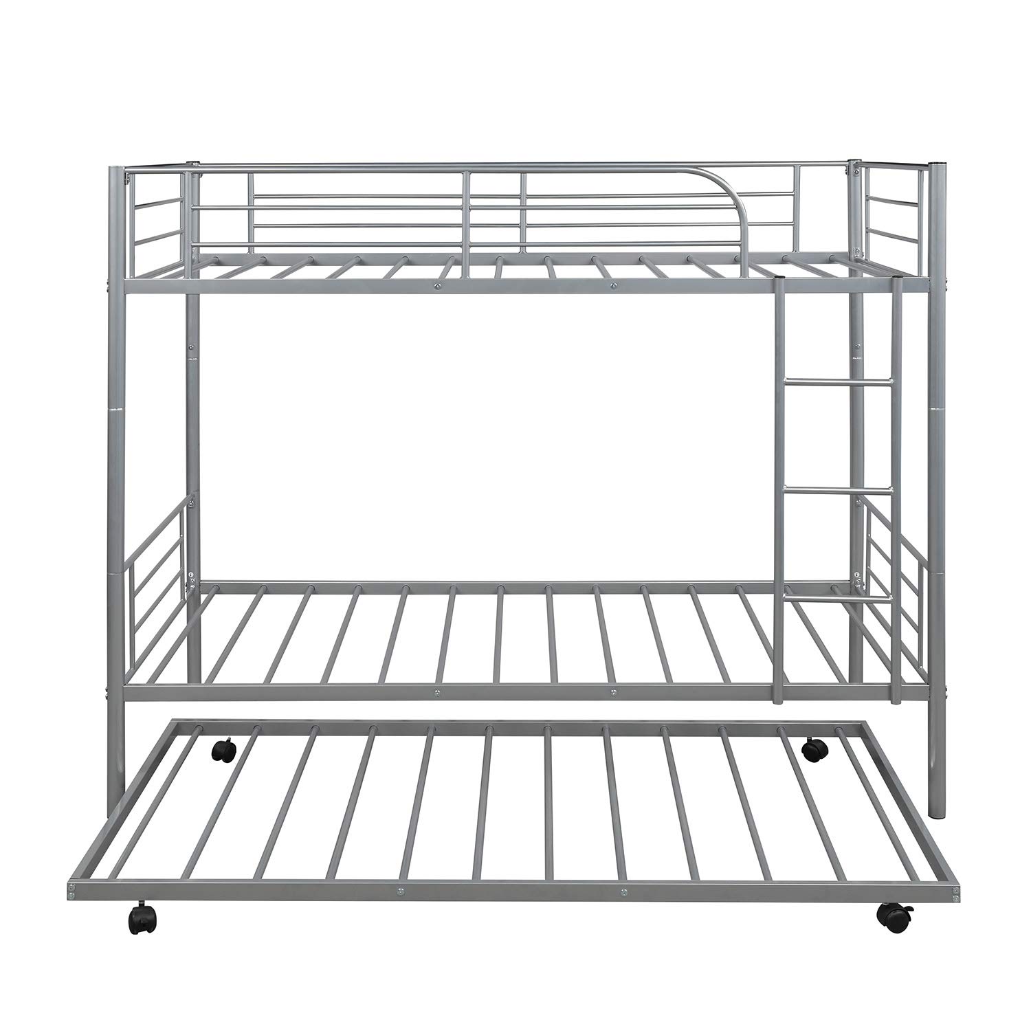 Danxee Twin Over Twin Modern Metal Bunk Bed with Trundle & Sturdy Guard Rail Ladder - Space-Saving Kids Bedroom Furniture for Small Rooms (Silver) | Perfect for Siblings, Sleepovers & Guest Rooms