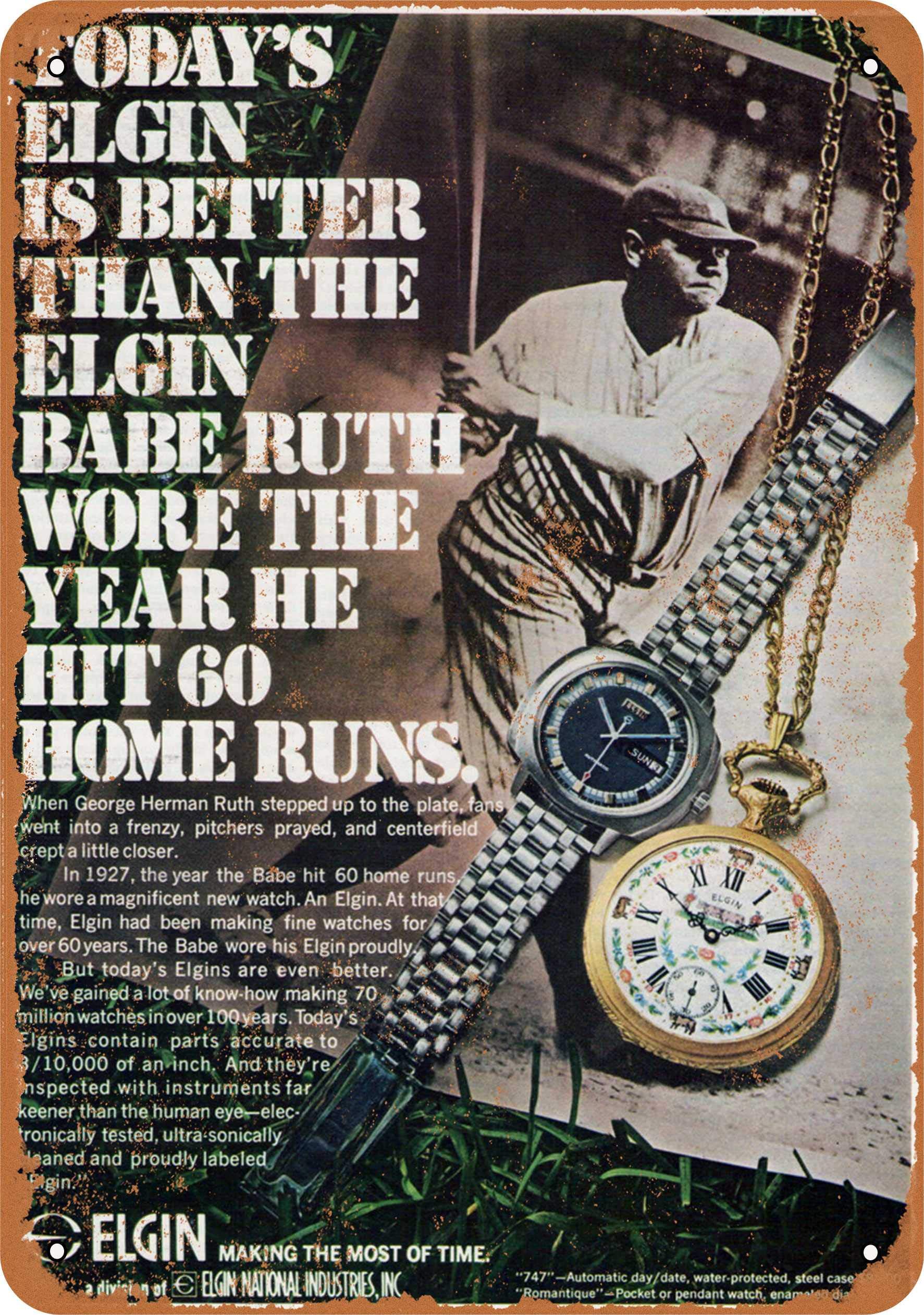 10 x 14 Inch Vintage 1970 Elgin Watches Babe Ruth Metal Sign - Retro Wall Decor for Man Cave, Bar, Office & Home - Collectible Tin Sign for Sports Memorabilia Fans