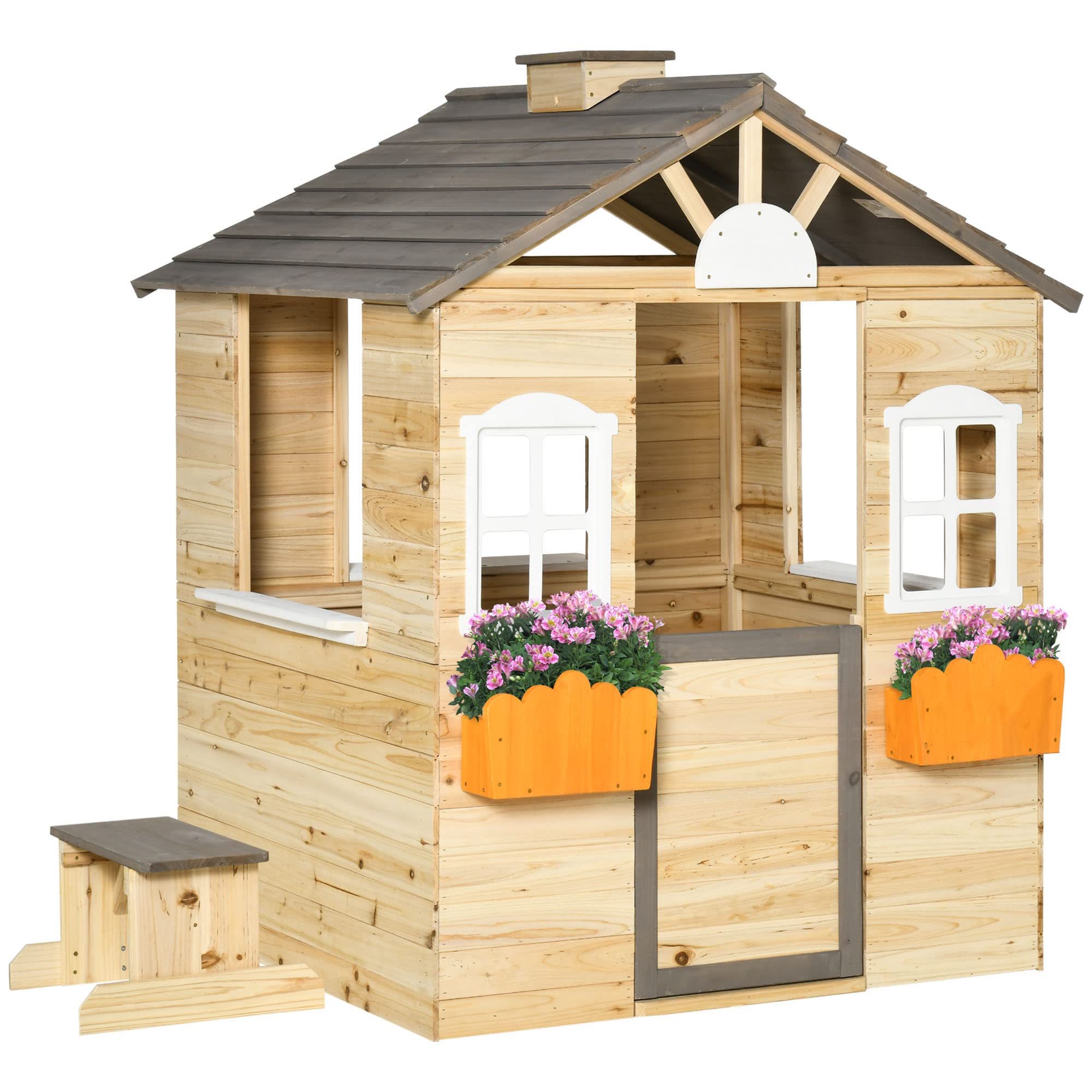 Outsunny Wooden Playhouse for Kids - Outdoor Garden Pretend Play Cottage with Working Door, Windows, Bench & Flower Pot Holder | Perfect for Backyard Adventures & Imaginative Play Ages 3-7 Years Old