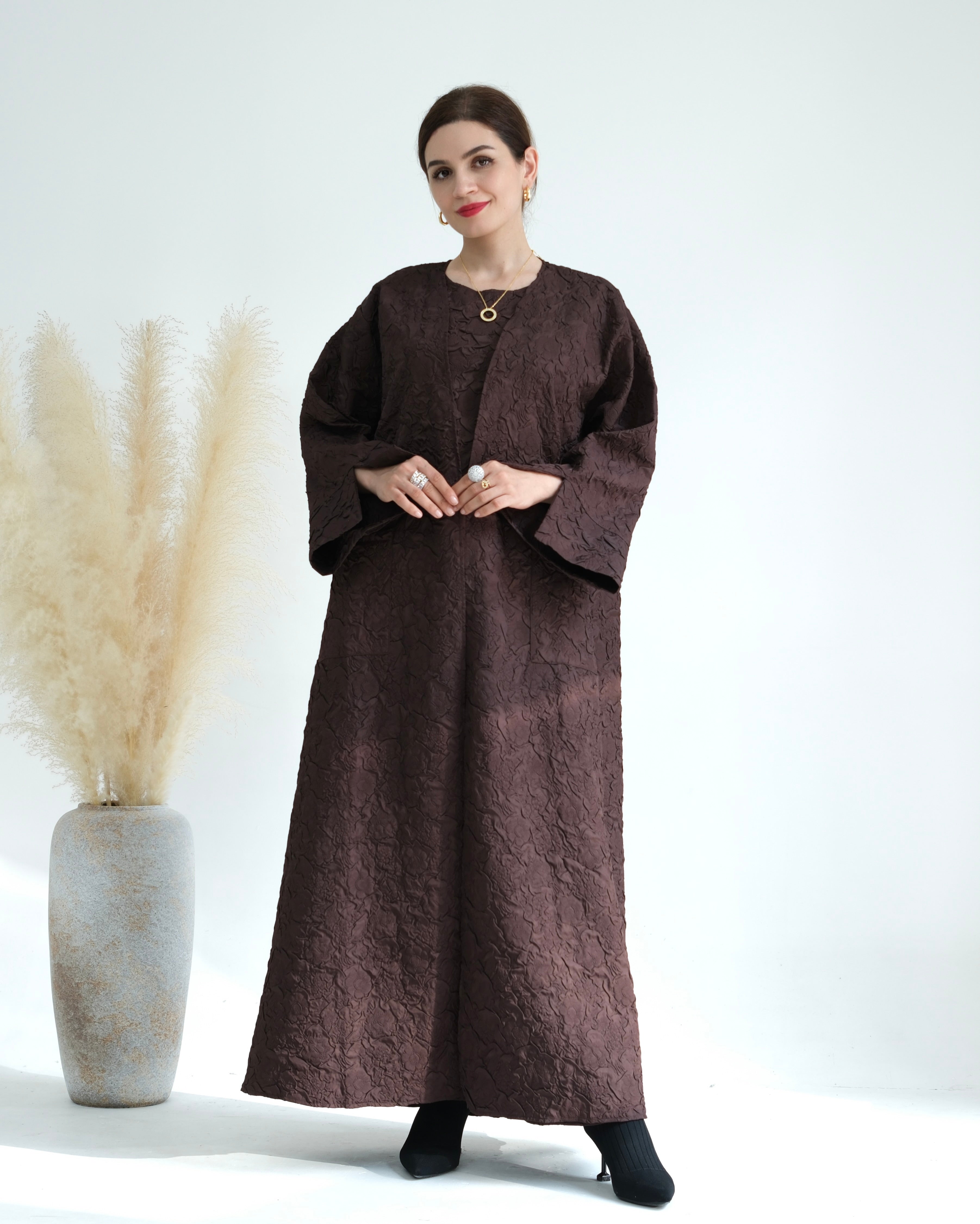 Elegant Eva Textured Abaya Set in Cocoa - Modest Islamic Prayer Dress for Women - Perfect for Eid, Ramadan, and Special Occasions