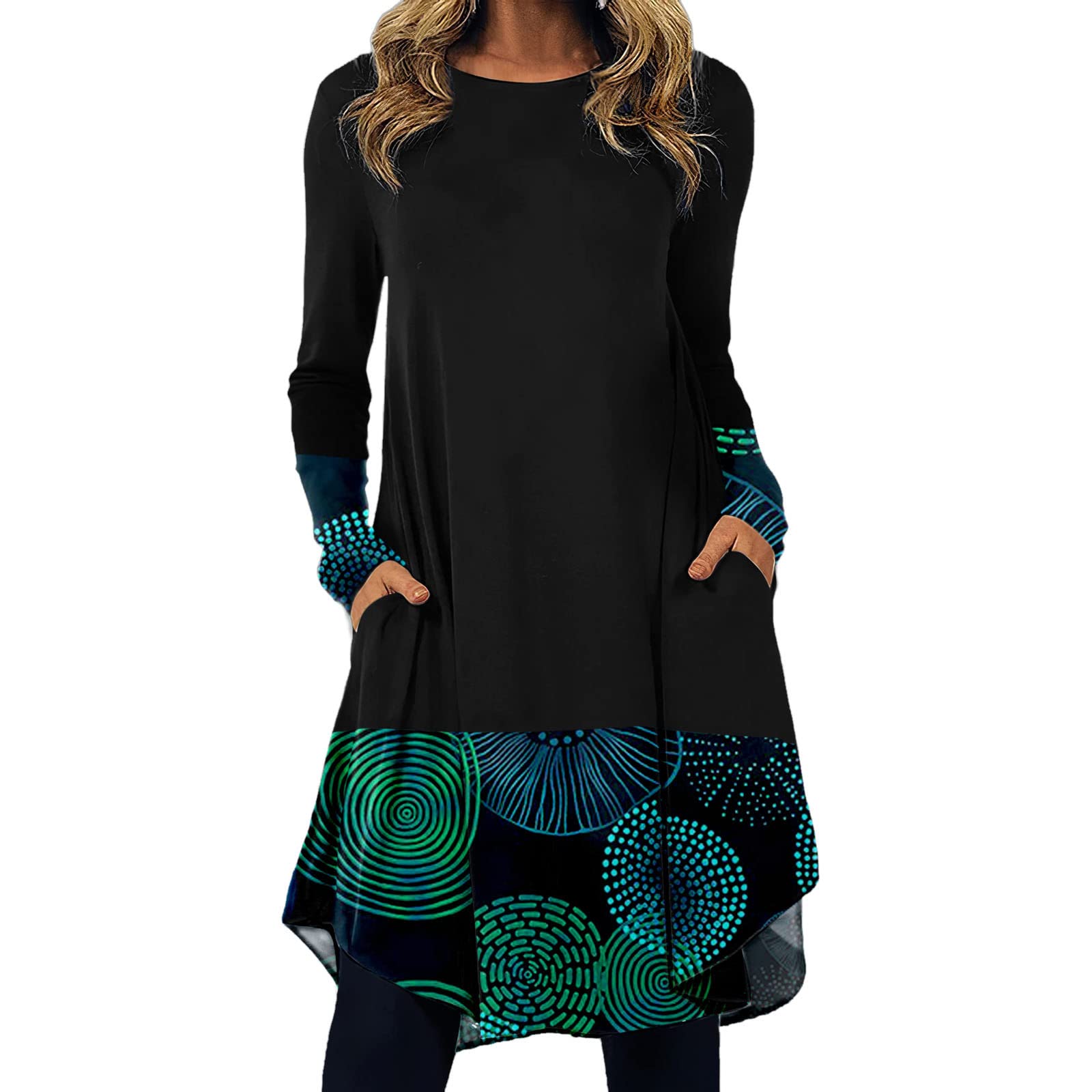 Boho Women's Casual Dress - Long Sleeve Midi Dress with Pockets | Flowy Irregular Hem | Comfortable Loose Fit for Everyday Wear | Perfect for Fall, Spring & Casual Outings