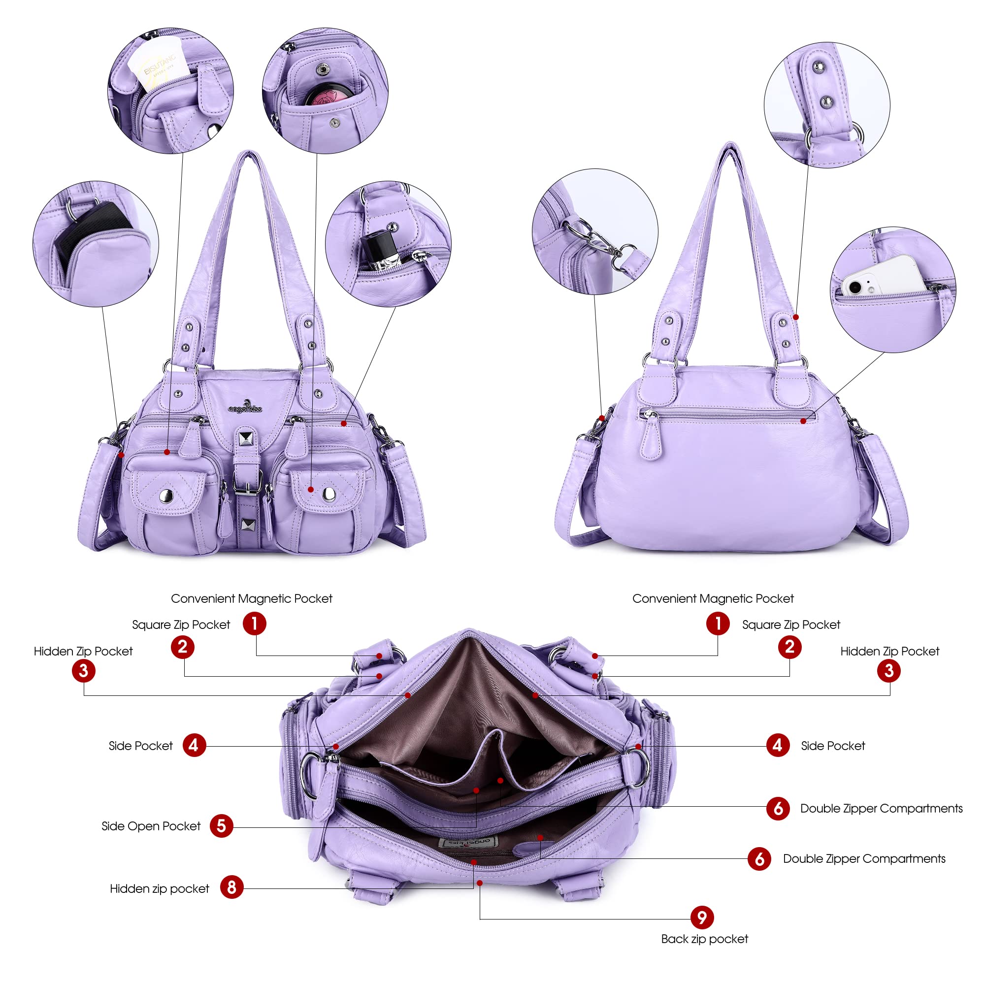 Angel Kiss Women's Soft Leather Hobo Crossbody Shoulder Bag with Removable Strap & Multiple Pockets - Perfect for Work, Travel, and Everyday Use
