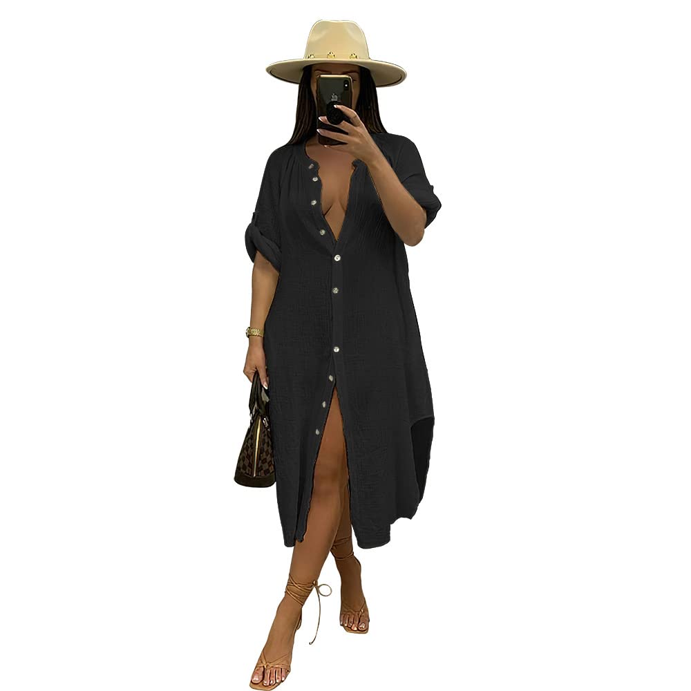 YYJN Women's Linen Button Down Maxi Shirt Dress - Oversized Long Split Side Slit Summer Dress for Beach, Vacation & Casual Wear