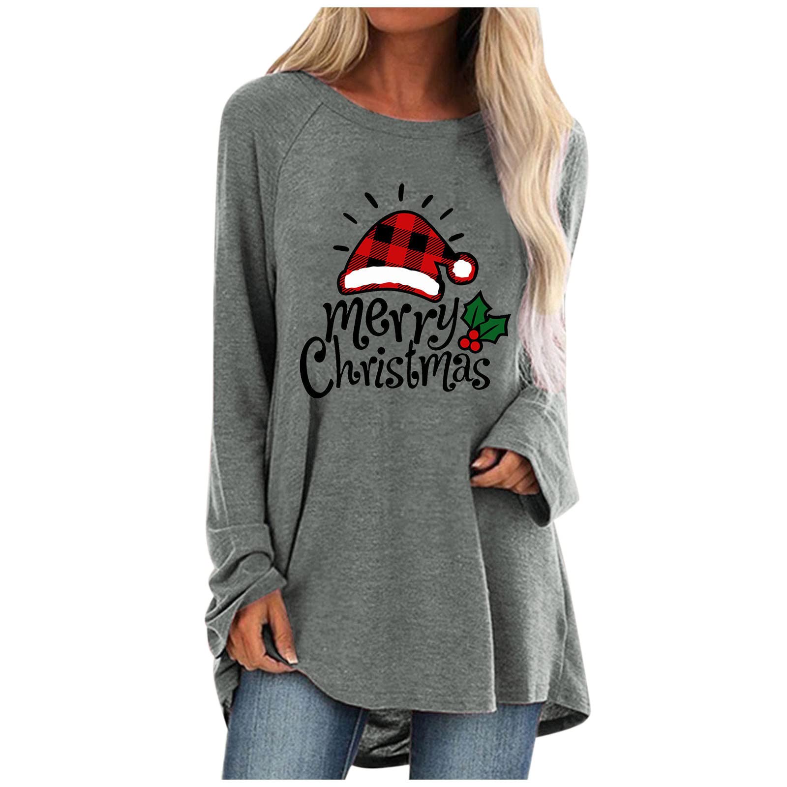 Women's Christmas Casual Round Neck Printed Long Sleeve T-Shirt - Soft Holiday Blouse for Party, Office & Family Gatherings