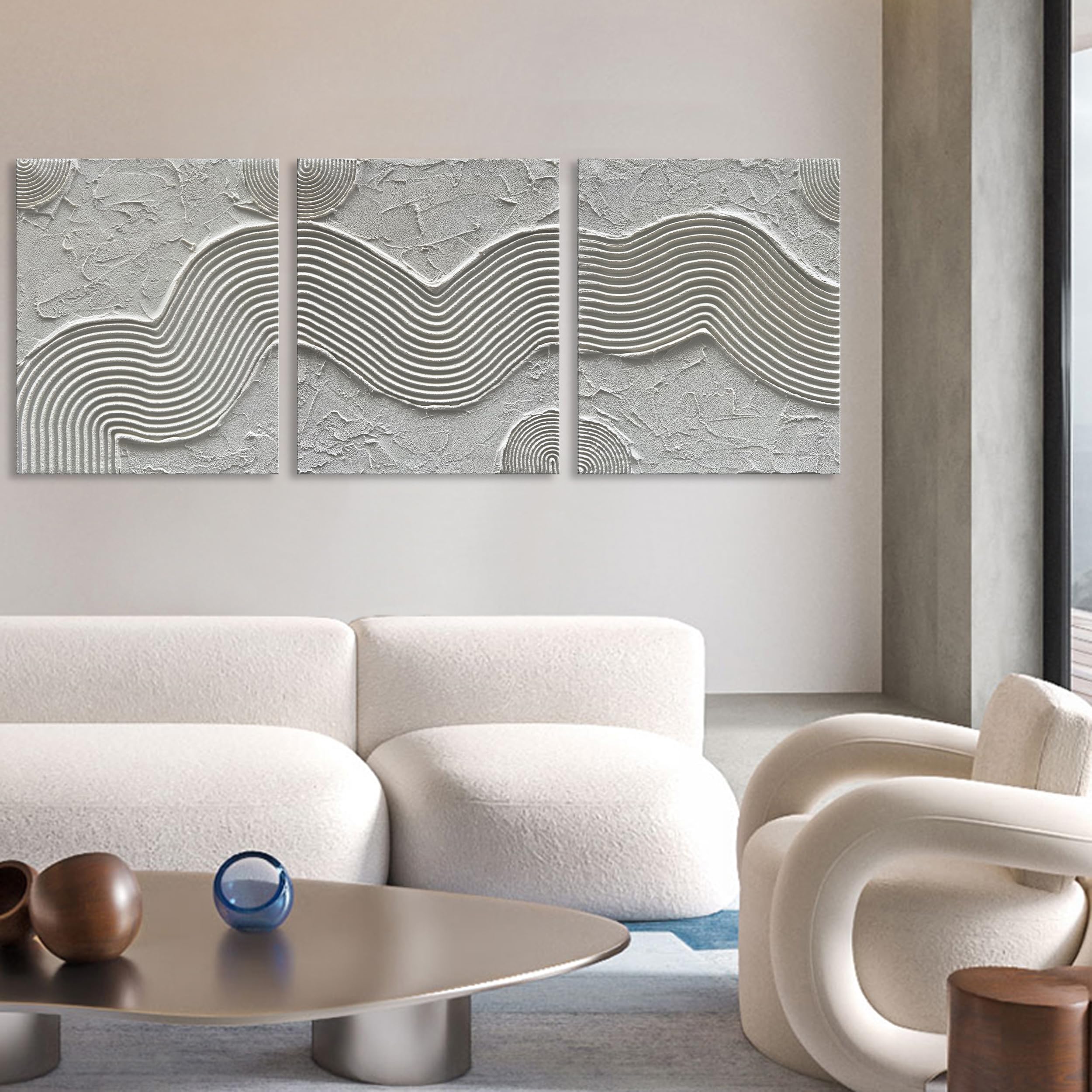 Hand-Painted White Texture Abstract Oil Painting - Minimalist Wall Art for Home Decor - Set of 3 (24x20 Inches) - Perfect for Living Room, Bedroom & Office
