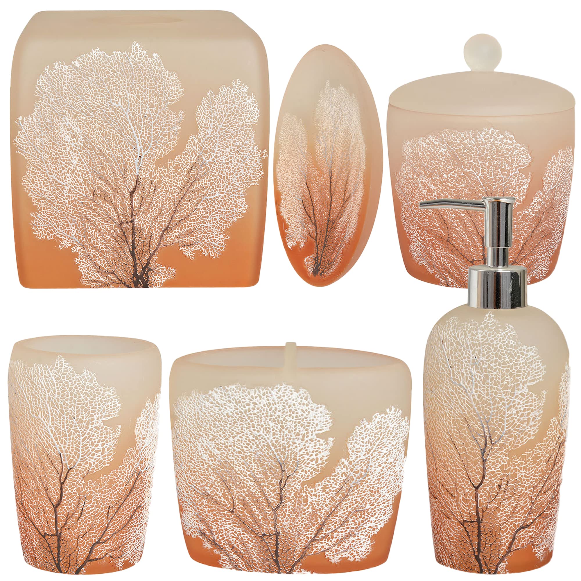 6-Piece Modern Bathroom Accessories Set - Soap Dispenser, Toothbrush Holder, Soap Dish, Tumbler, Cotton Jar & Tissue Box - Orange Countertop Decor for Housewarming Gift | Perfect for Bathroom Organization & Stylish Home Decor