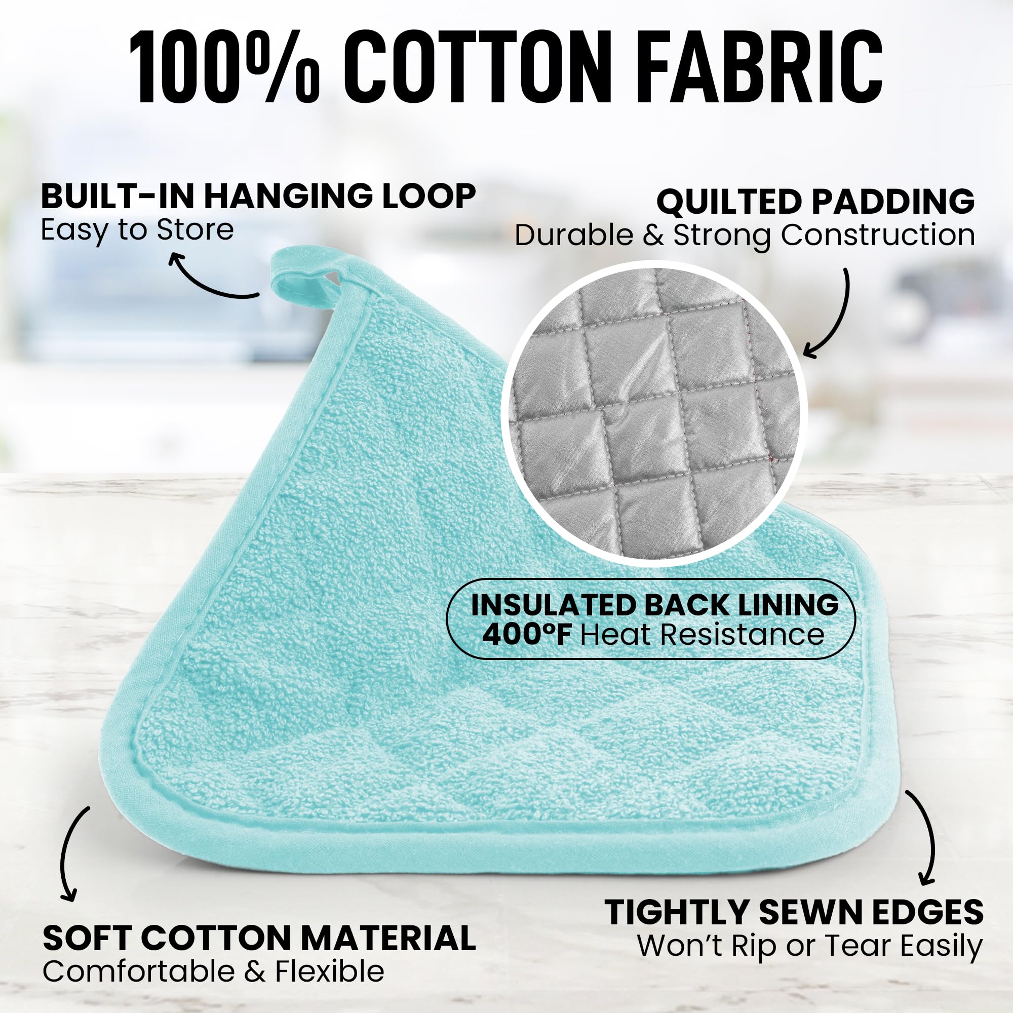 Zulay Premium Heat Resistant Cotton Pot Holders - 7x7 Inch Quilted Terry Cloth Kitchen Potholders Set (Aqua) - Washable & Durable for Cooking, Baking, Grilling & Hot Dish Handling - Perfect for Stovetop, Oven & BBQ Use