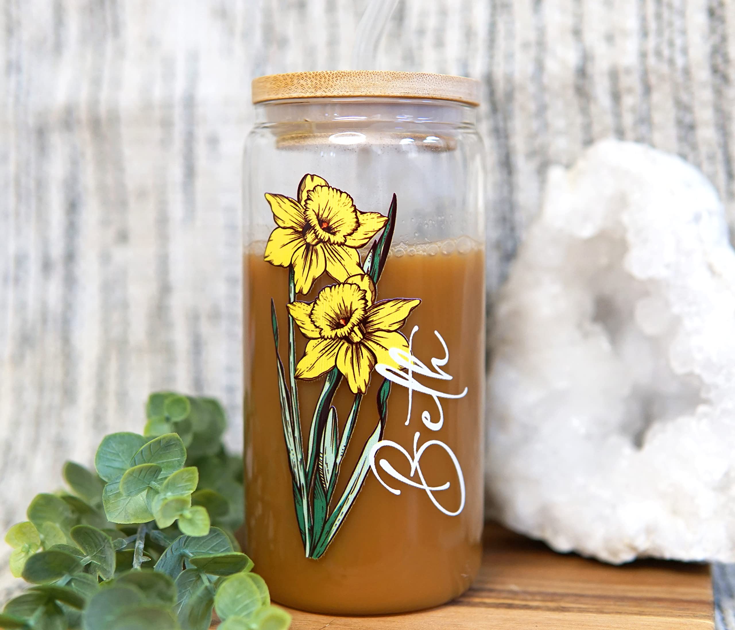 Personalized Name Glass Cup with Color Birth Flower - 16 oz Custom Tumbler | Unique Birthday Gifts for Women, Teachers, Bridesmaids, Mom & Valentine's Day | Perfect for Parties, Weddings, Office Gifts & Special Occasions