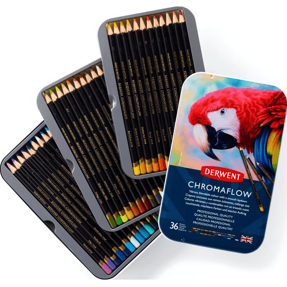 36 Derwent ChromaFlow Colored Pencils Tin Set - Rich Vibrant Colors for Artists, Sketching & Adult Coloring Books - Premium Art Supplies for Drawing, Shading & Blending Techniques