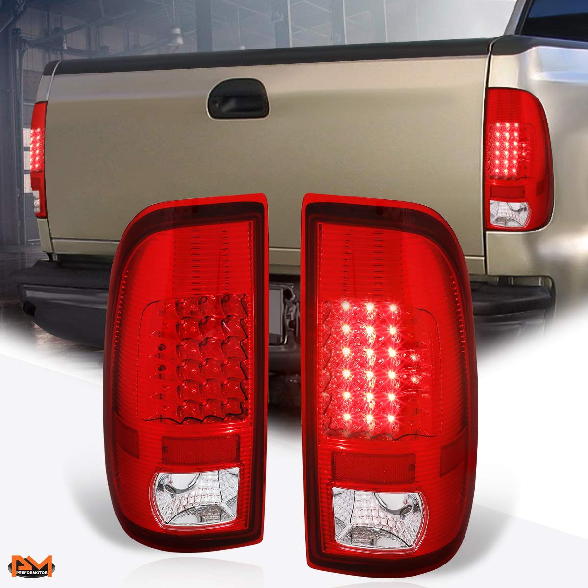 PM PERFORMOTOR Full LED Tail Lights Brake Lamps Assembly for 97-07 Ford F250 F350 F450 F550 Super Duty - Chrome Housing with Red Lens - Enhanced Visibility & Safety for Night Driving & Towing