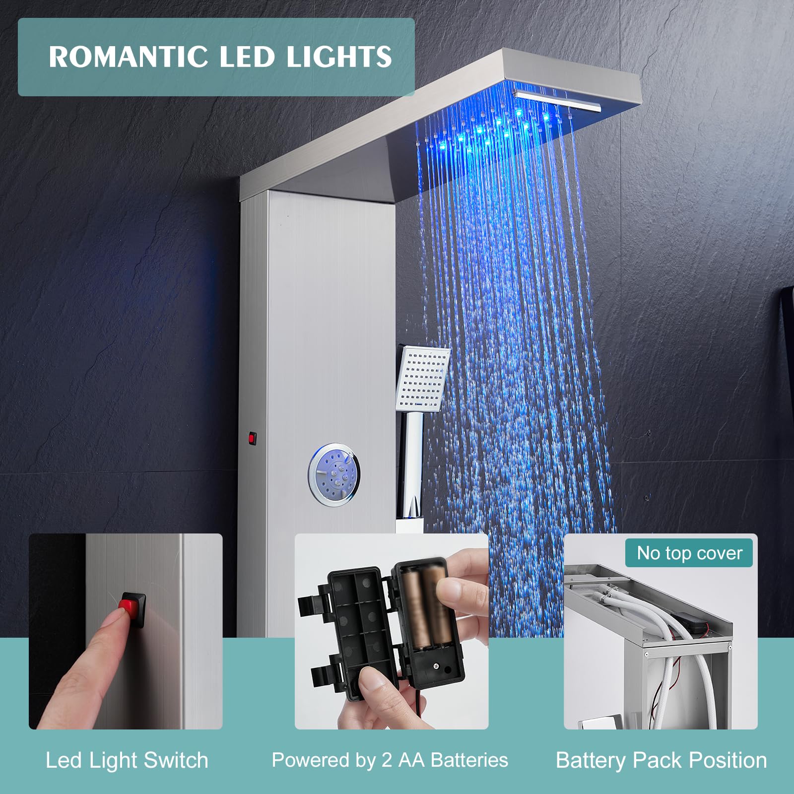 6 in 1 LED Rainfall Shower Panel Tower System with Waterfall Shower Head, 2 Mode Body Jets, Handheld Shower & Tub Spout - Stainless Steel Shower Column with Brushed Finish for Luxurious Bathroom Upgrade & Spa Experience at Home
