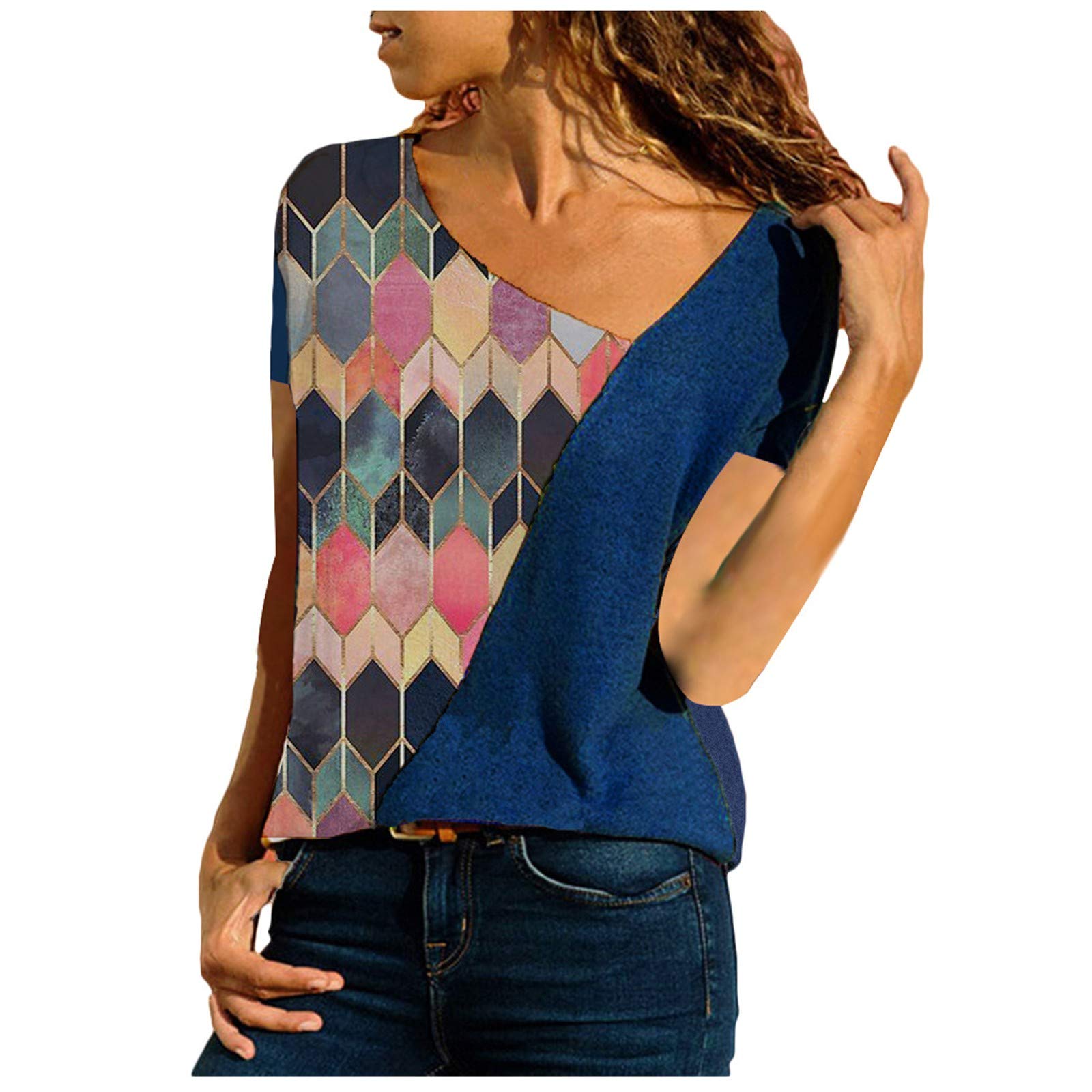Women's Short Sleeve V-Neck T-Shirts - Casual Patchwork Color Blouse for Everyday Wear | Perfect for Work, Weekend Outings & Summer Fashion