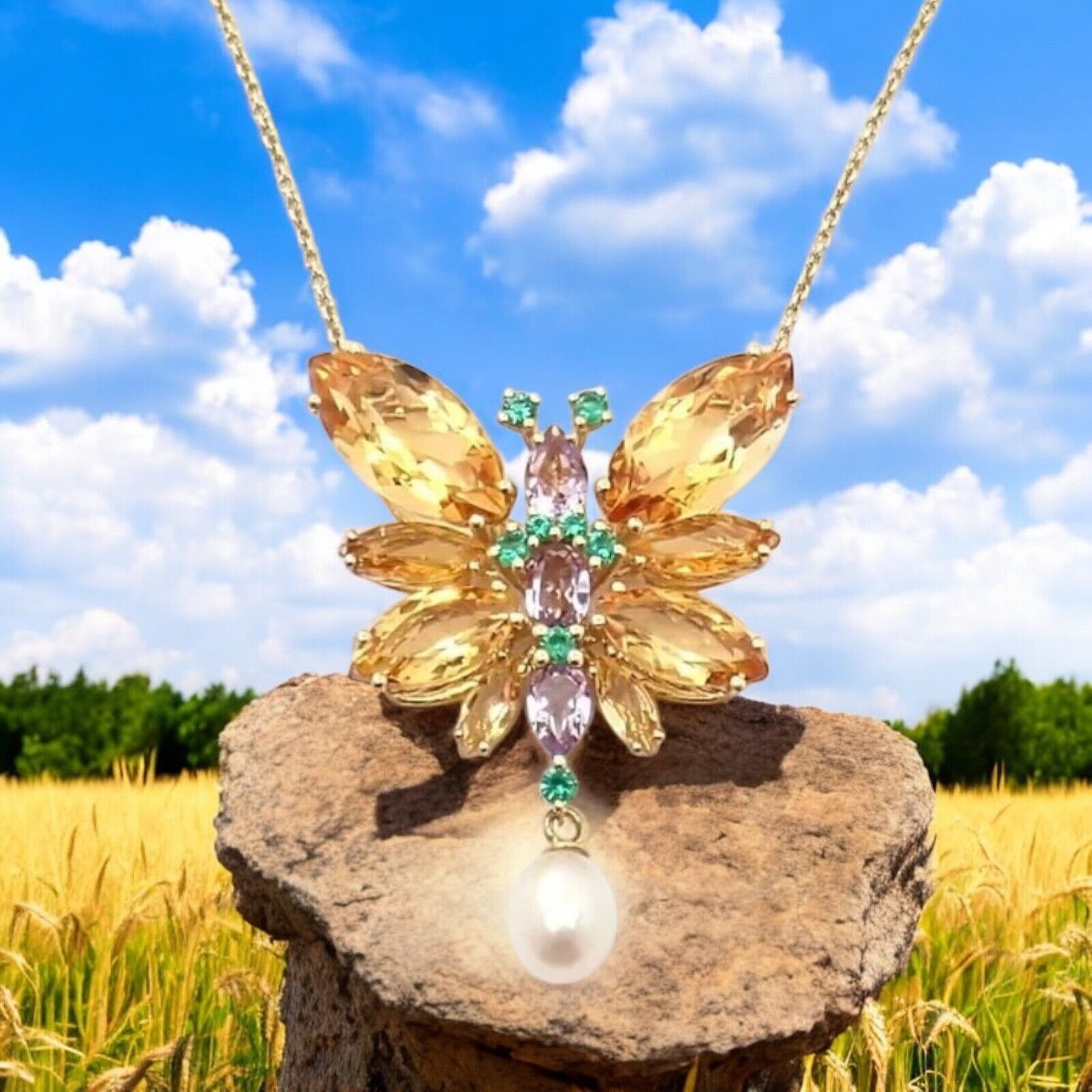 Authentic Dolce & Gabbana 18k Yellow Gold Citrine Butterfly Pendant Necklace - Elegant Spring Jewelry Gift for Women, Perfect for Weddings & Special Occasions