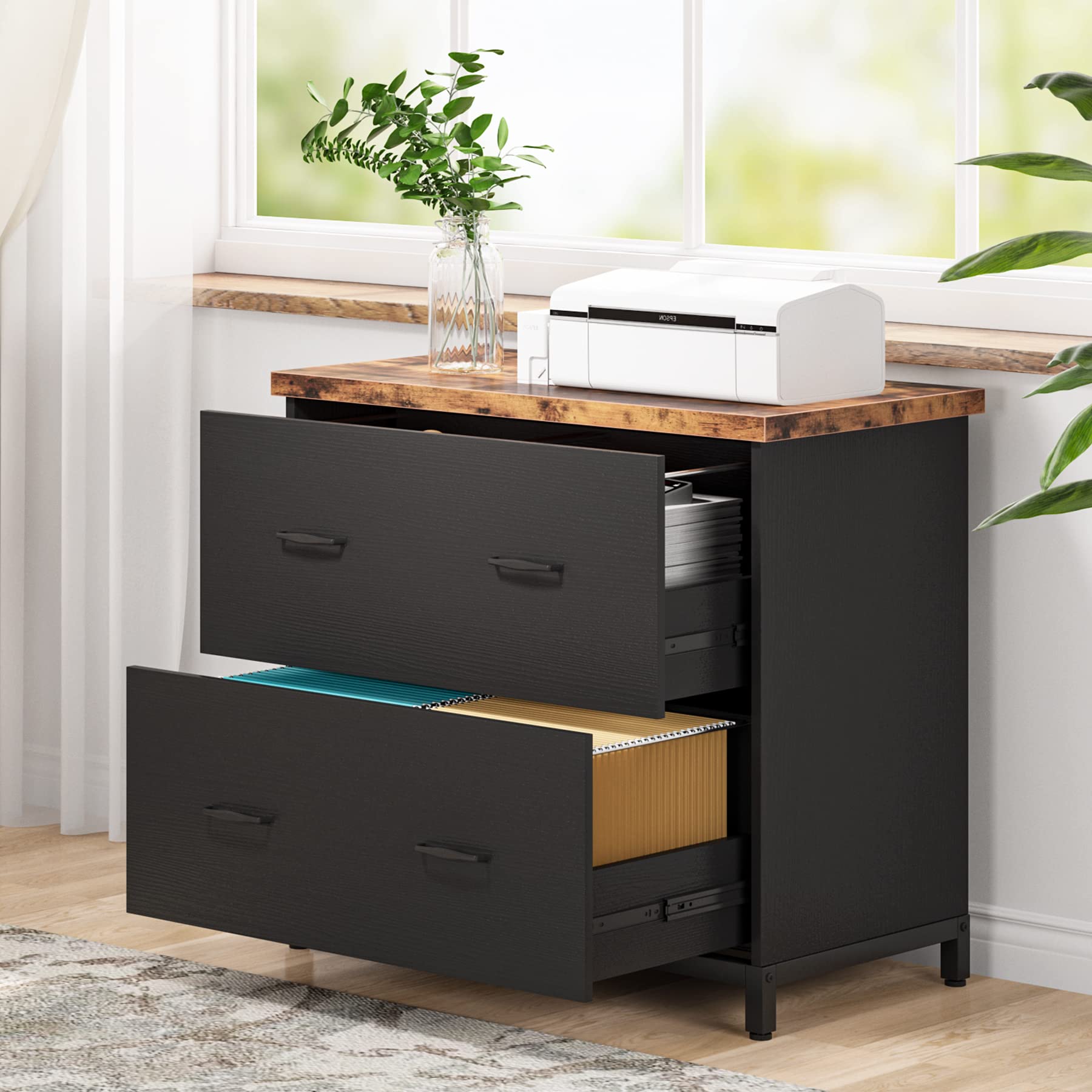 Tribesigns 2-Drawer Wood Lateral File Cabinet - Rustic Brown & Black Home Office Storage for A4 & Letter Size Documents | Perfect for Office Organization & Home Workspace