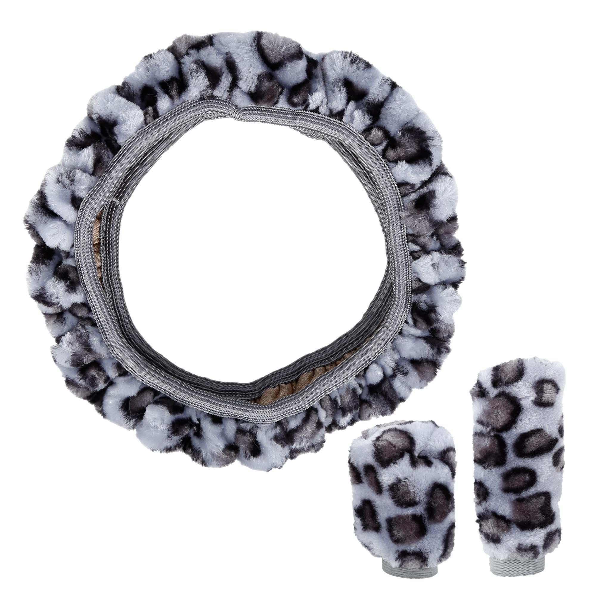 X AUTOHAUX Universal Elastic Leopard Print Fluffy Steering Wheel Cover & Handbrake Gear Shift Cover Set (Gray) - Soft Grip for Winter Driving & Car Interior Protection
