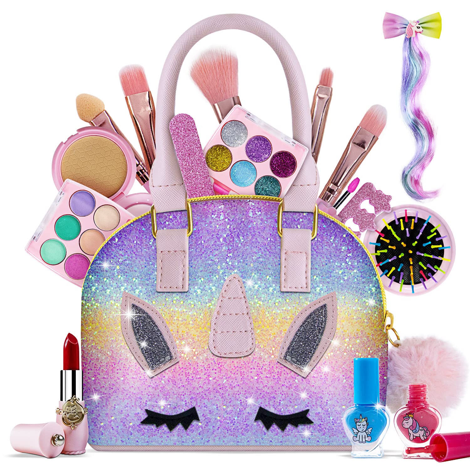 Washable Kids Makeup Kit for Girls - Pretend Play Beauty Set with Colorful Unicorn Bag | Safe Non-Toxic Toddler Makeup Toy | Perfect Birthday Gift for Girls Ages 3-10 | Great for Dress-Up, Role Play & Birthday Parties