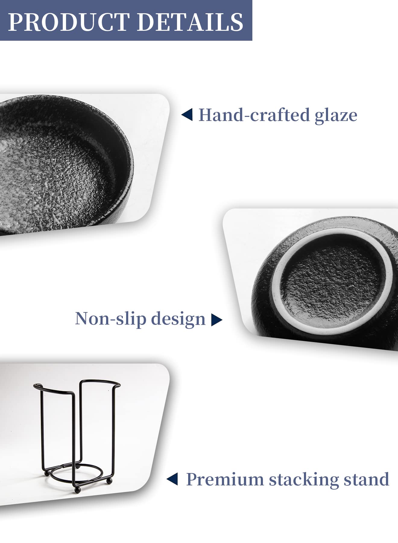 Premium Japanese Ceramic Dipping Bowls Set of 6 - 3.5 Inch Small Side Dishes with Metal Stand for Soy Sauce, Ketchup & Condiments | Perfect for Sushi, BBQ, Party Appetizers & Asian Dining Experience | Elegant Black & White Design