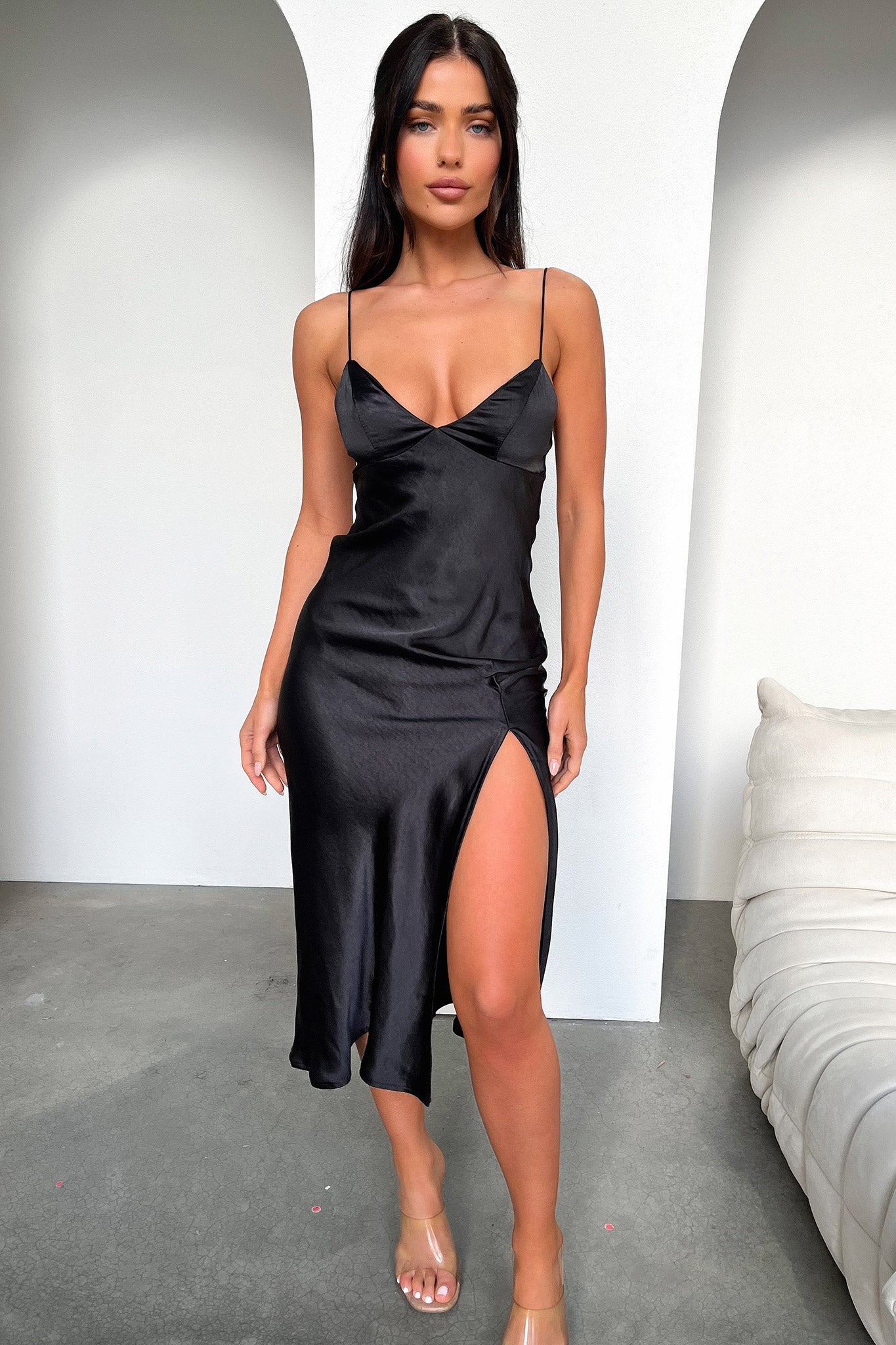Jennifer Satin Midi Dress - Elegant Black Evening Gown for Women | Perfect for Cocktail Parties, Weddings & Formal Events