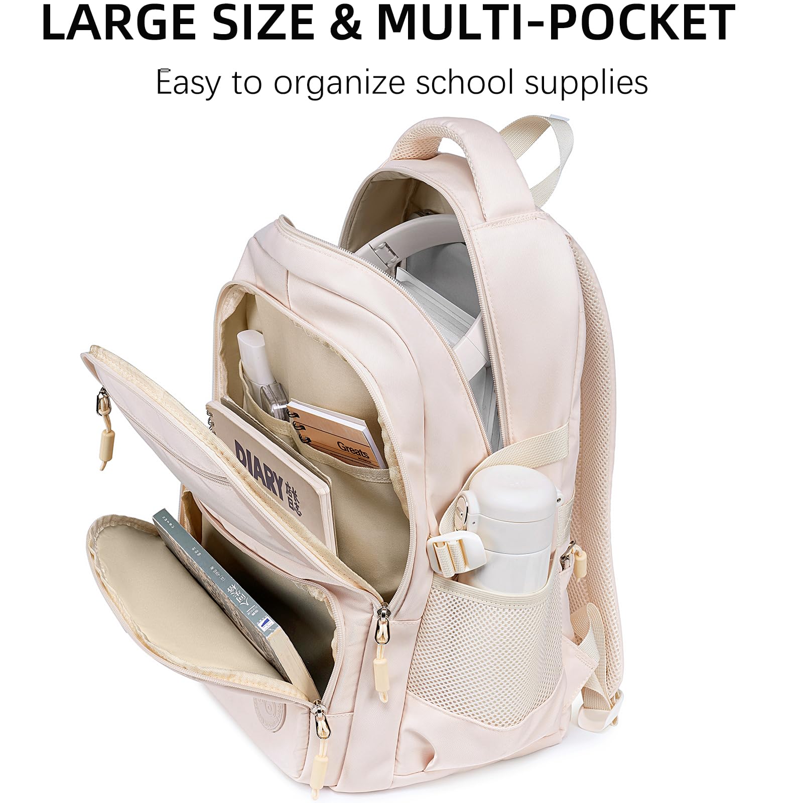 Bluboon Cute Backpack for School Girls Ages 8-12 - Lightweight Bookbag with Multiple Pockets, Durable School Supplies Backpack (Beige) - Perfect for School, Travel & Daily Use