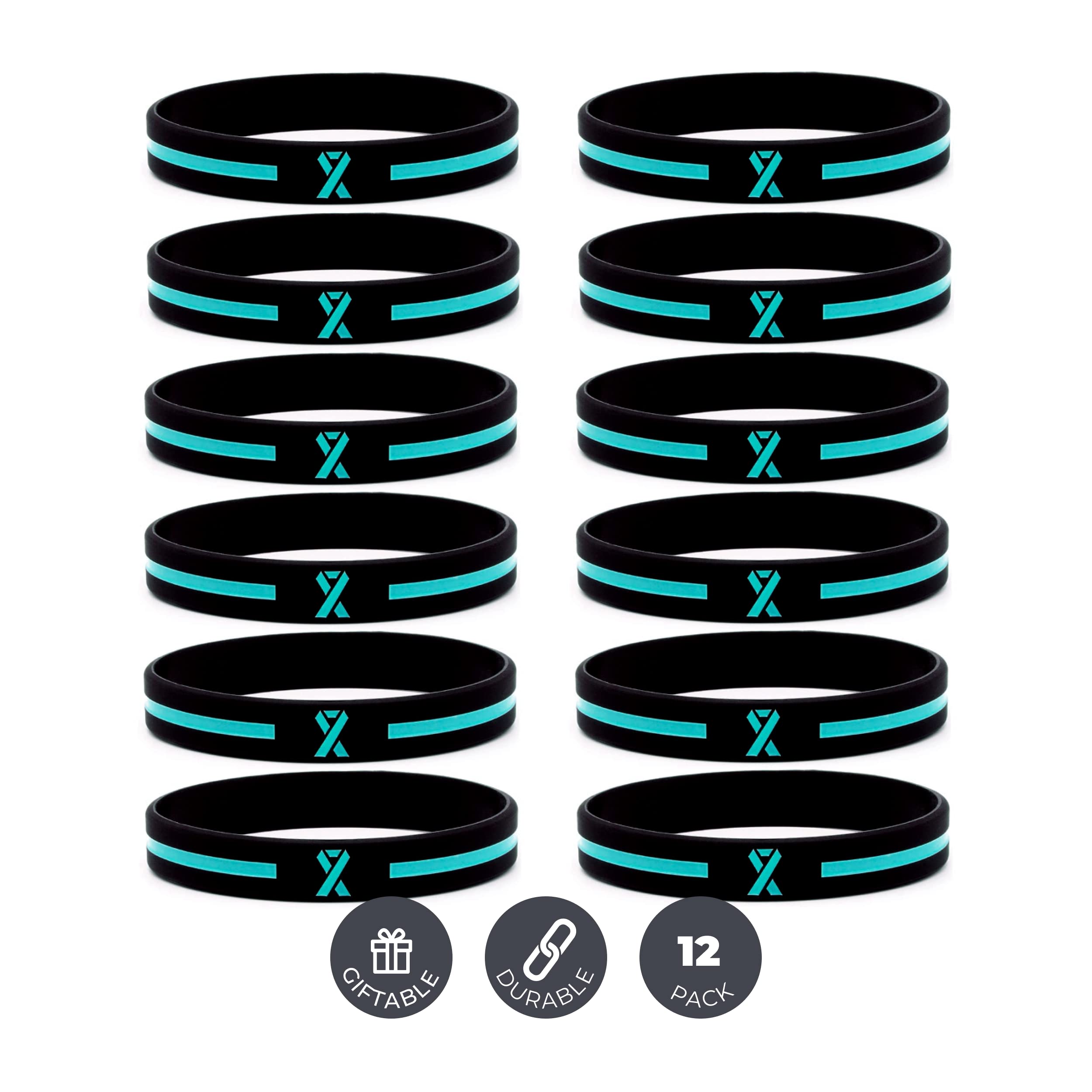 Inkstone Teal Awareness Ribbon Silicone Bracelets - Pack of 10 Rubber Wristbands for Cancer Awareness, Fundraising & Support - Wear for Ovarian Cancer, PTSD, Anxiety & Mental Health Awareness Events