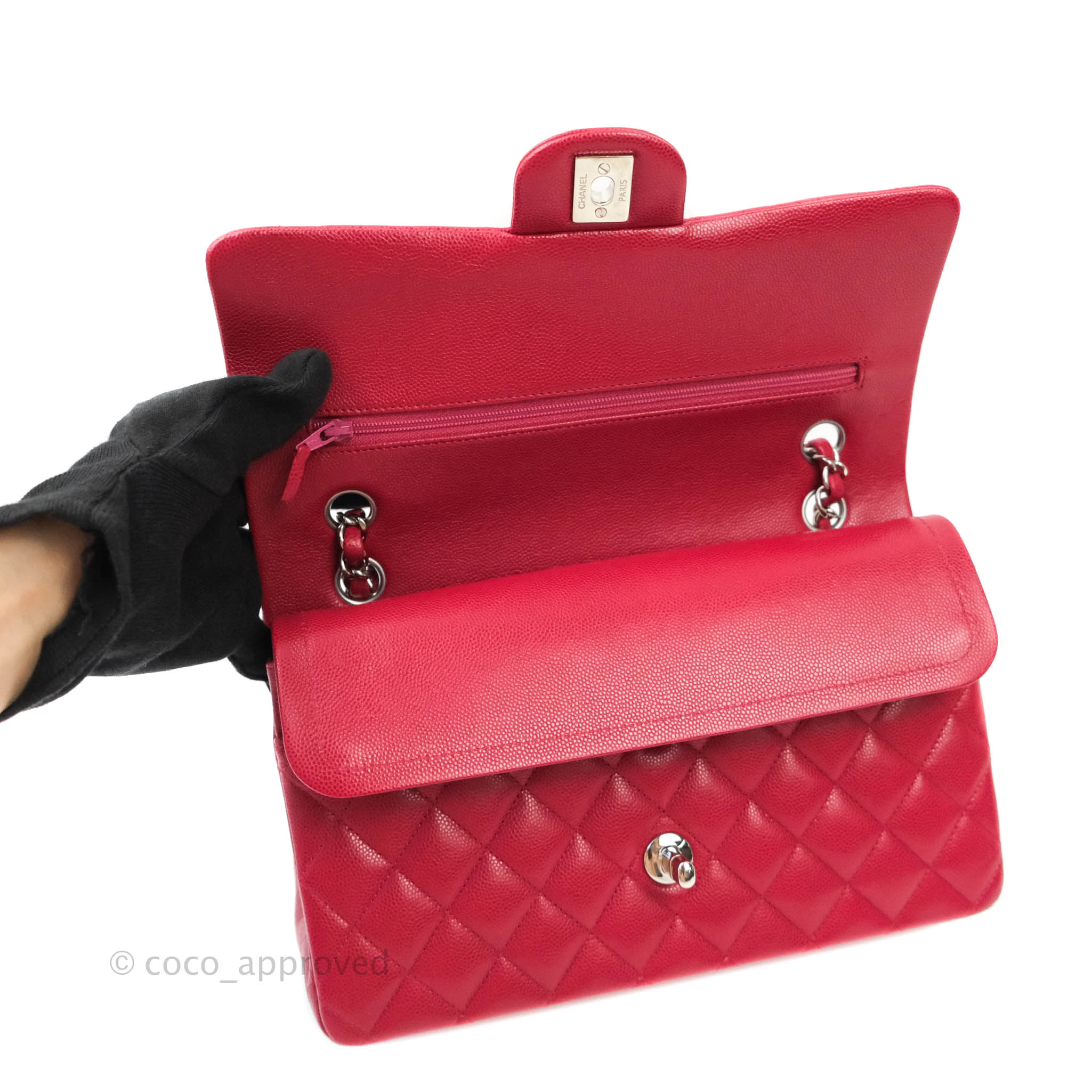 Chanel Classic Medium Double Flap Bag - Red Caviar Leather with Silver Hardware | Authentic Luxury Handbag for Women | Perfect for Parties, Weddings & Everyday Elegance