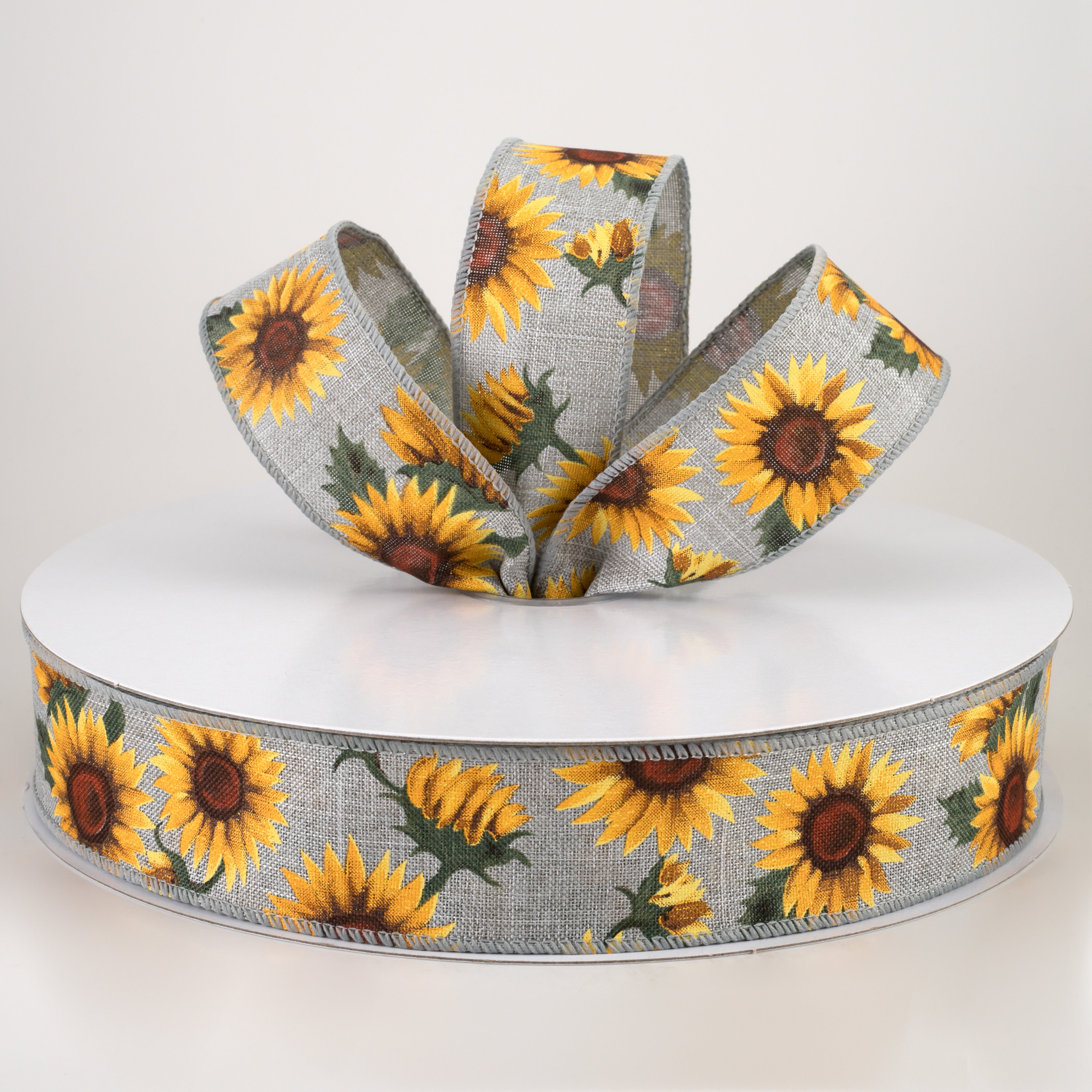 1.5 Inch Linen Sunflower & Leaf Ribbon - 50 Yards Grey Floral Ribbon for Gift Wrapping, DIY Crafts, Wedding Decorations, and Scrapbooking