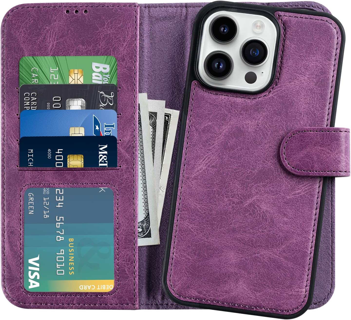 iPhone 14 Pro Max 6.7 Inch Detachable Phone Case with 4 Card Slots & Wallet Holder - Purple | Slim Protective Cover for Everyday Use, Travel & Business