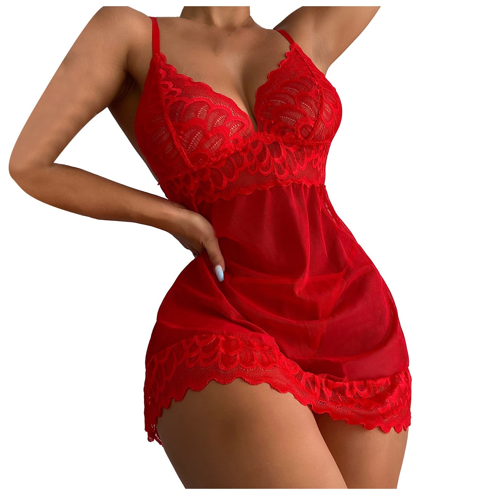 Sexy Red Lace Babydoll Nightdress for Women - Deep V Neck Sling Pajama Set | Perfect for Valentine's Day, Honeymoon & Romantic Nights