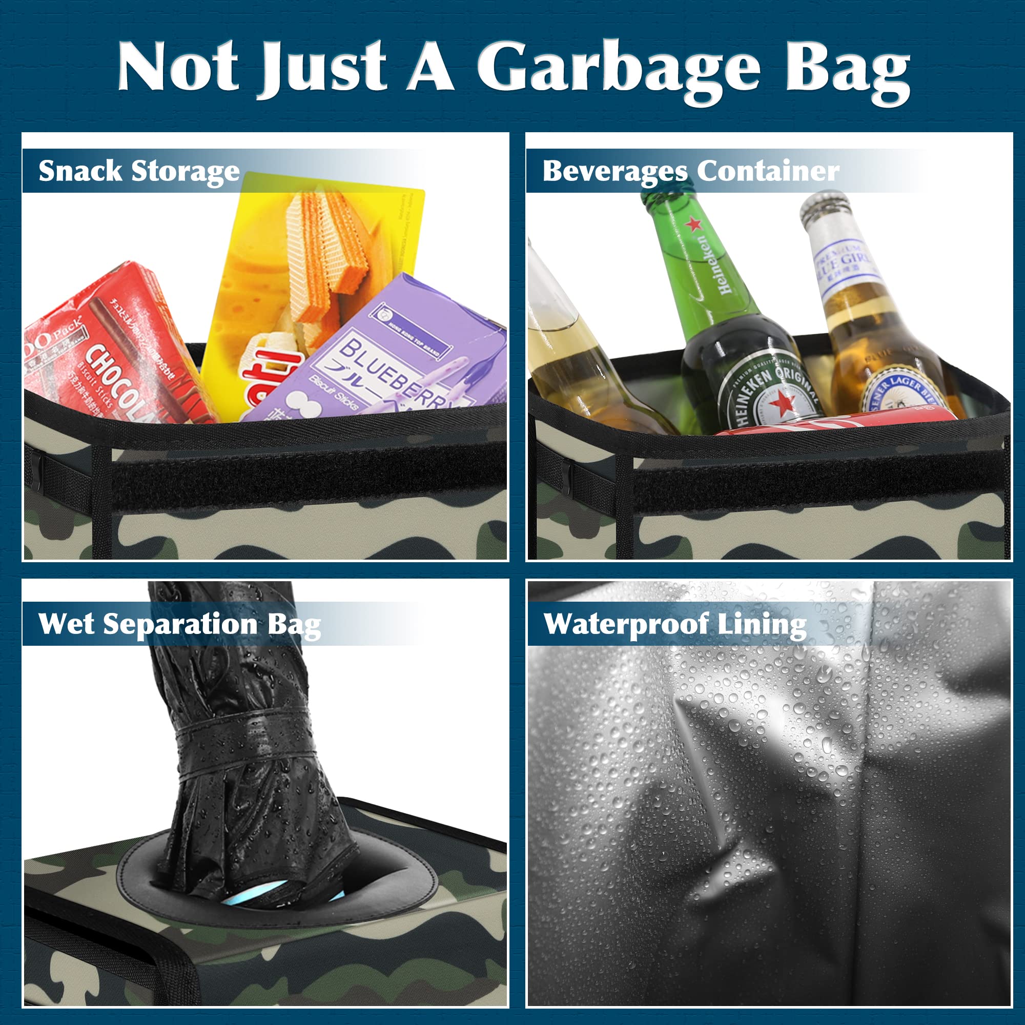 **Leak-Proof Car Trash Can with Lid - Waterproof Hanging Garbage Bag for SUV & Front Seat - Collapsible, Portable & Multipurpose with Storage Mesh Pocket - Ideal for Road Trips, Commuting & Travel (Camouflage)**