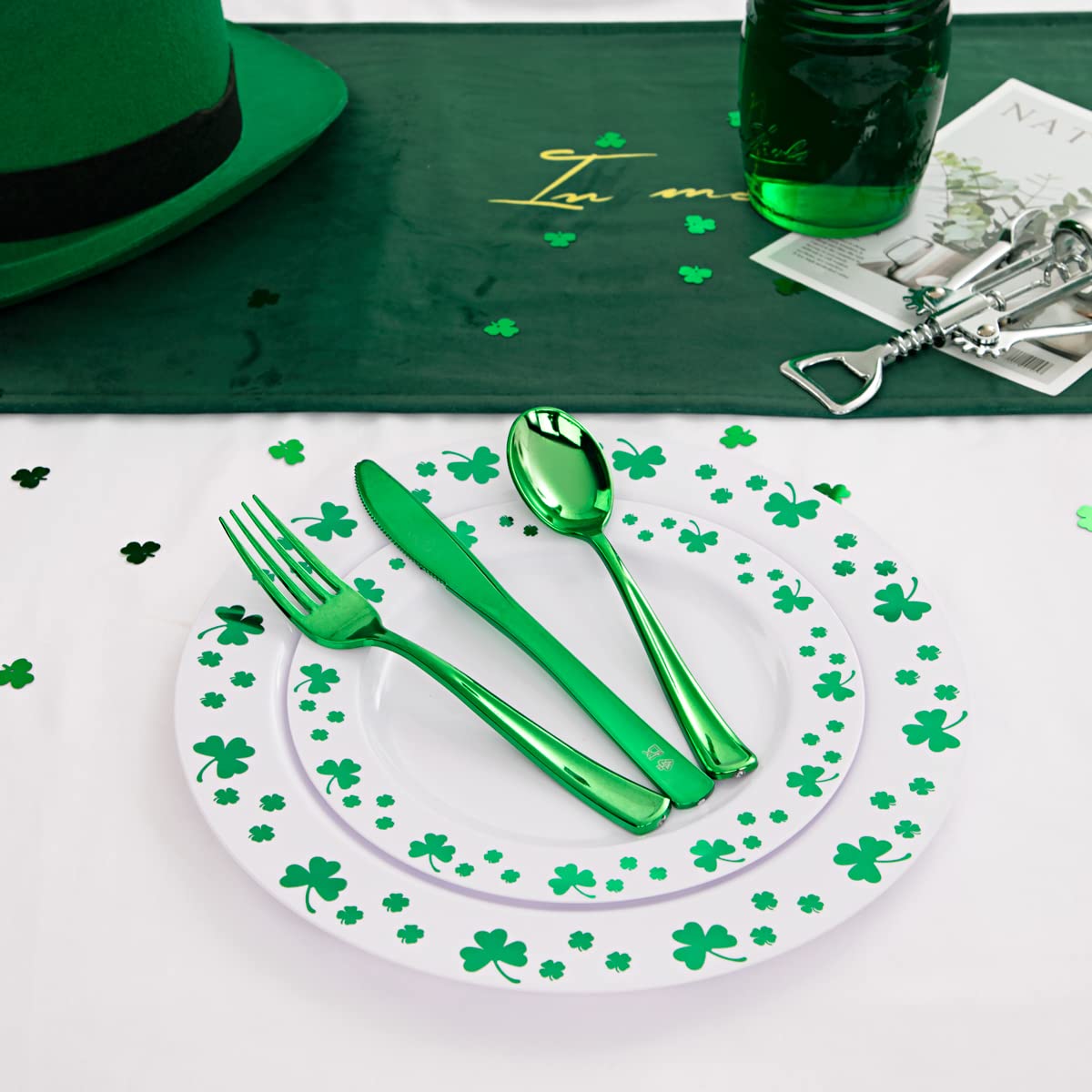 125pcs St. Patrick’s Day Plastic Plates with Shamrock Clover & Disposable Silverware Set - Premium White & Green Plastic Dinnerware for Wedding, Party, Holiday Celebration - Perfect for St. Patrick’s Day Festivities, Irish Themed Events & Family Gatherings