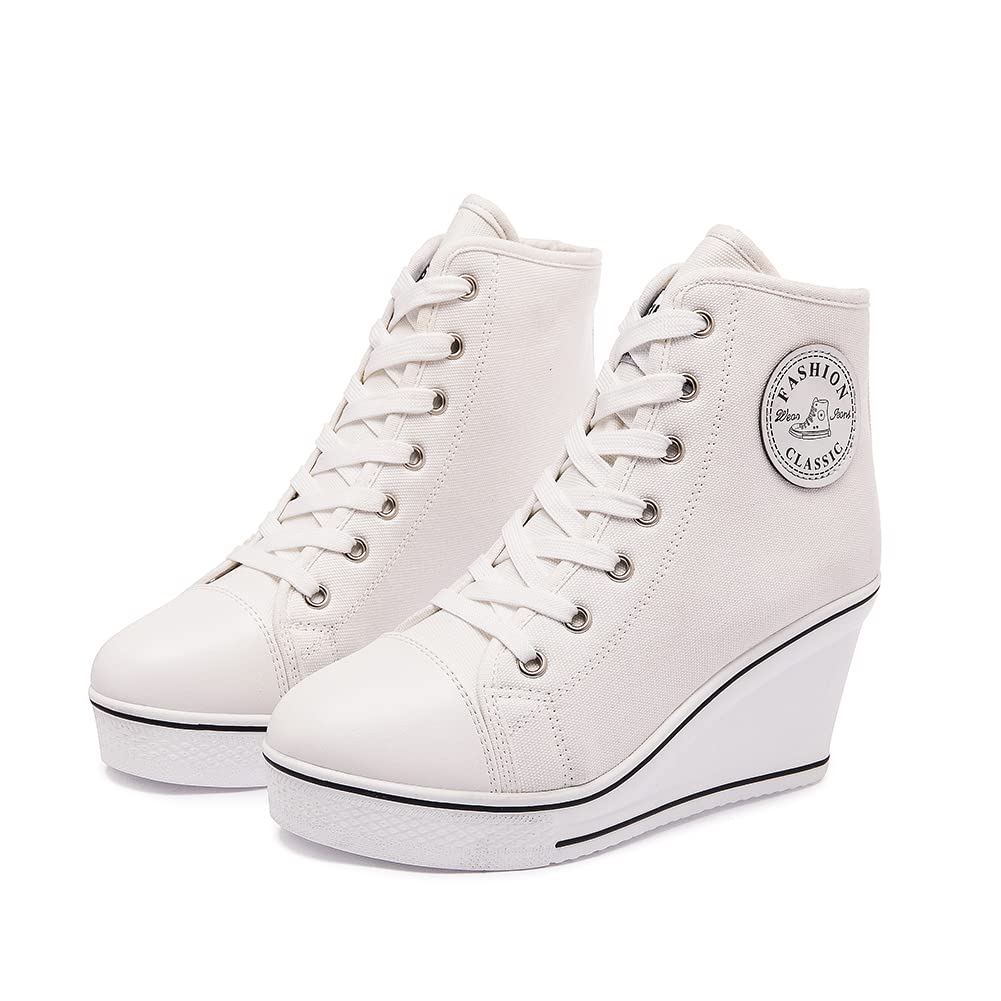 Mei MACLEOD Women's High Heel Wedge Canvas Sneakers - High Top Lace Up Casual Shoes for Teen Girls & College Students | Perfect for School, Work, and Everyday Fashion