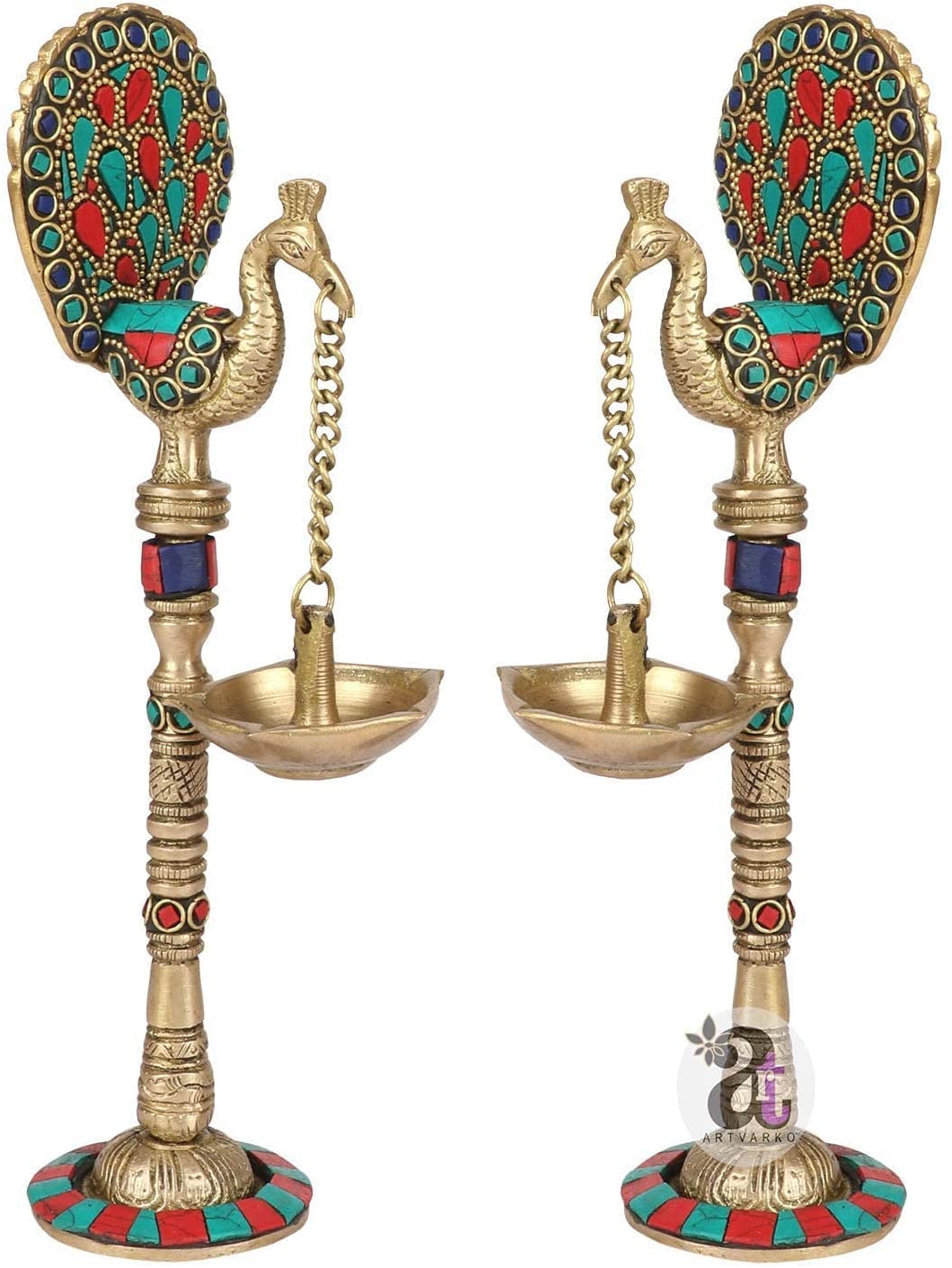 Pink Peony Brass Peacock Hanging Chain Diya Oil Lamp Stand - 9 Inch Handmade Decorative Hanging Lamp for Home Decor, Wedding, Festival & Meditation Room